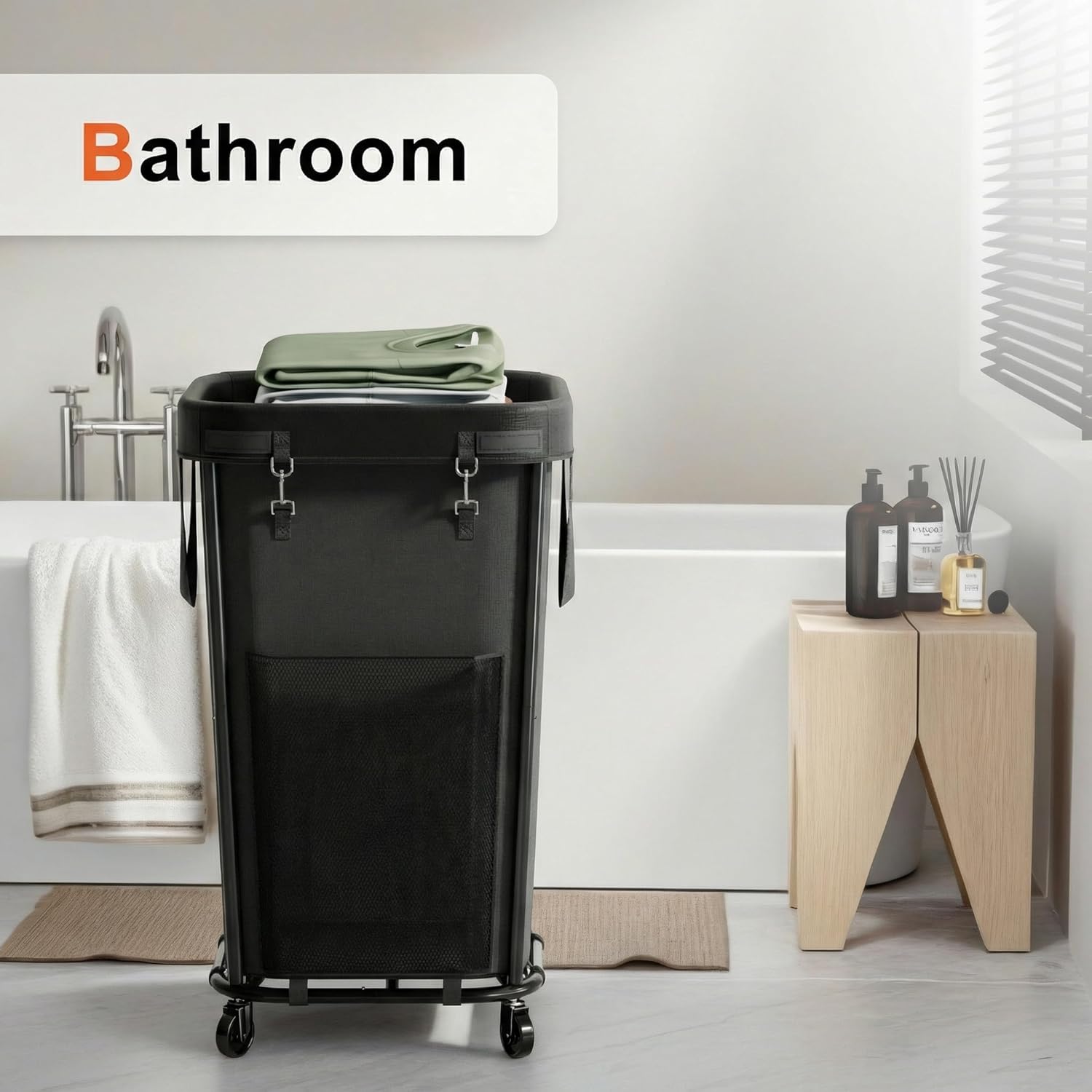 Laundry Basket with Lid and Wheels Rolling Laundry Basket, Removable Laundry Bag Design for Daily Use in Bathrooms and Laundry Rooms (Cover Black, 160L)