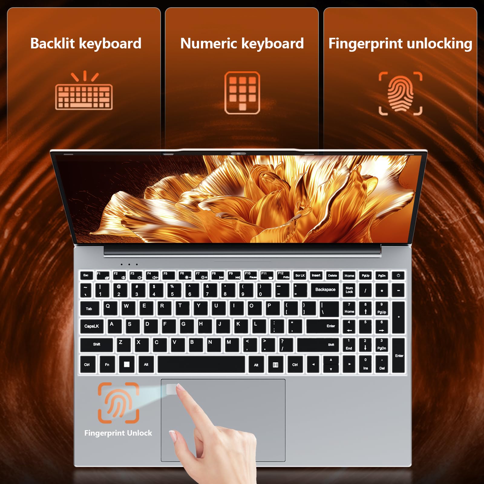 15,6 Pouces Ordinateur Portable, Win 11 PC Portable 16Go RAM DDR4 512Go SSD, CPU Twin Lake-N150, Clavier Rétro-éclairé+Déverrouillage Empreinte, Laptop1080P Écran, WiFi5+Mini-HDMI+USB3.0+BT4.2+Webcam