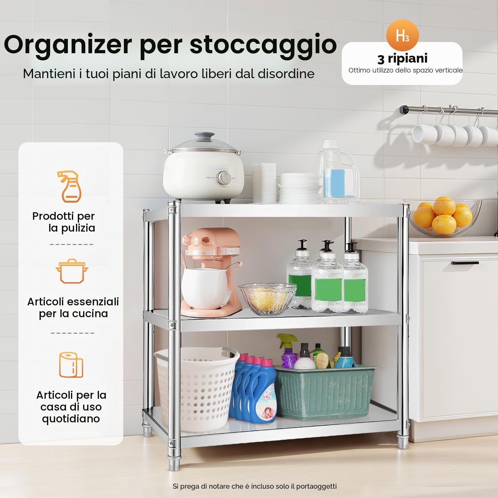 Tavolo da Lavoro in Acciaio Inox con 3 Ripiani, 80 x 40 x 80 cm, Tavolo Cucina Professionale carico 50kg, Banco Multiuso Salvaspazio per Cucina, Ristorante e Laboratorio