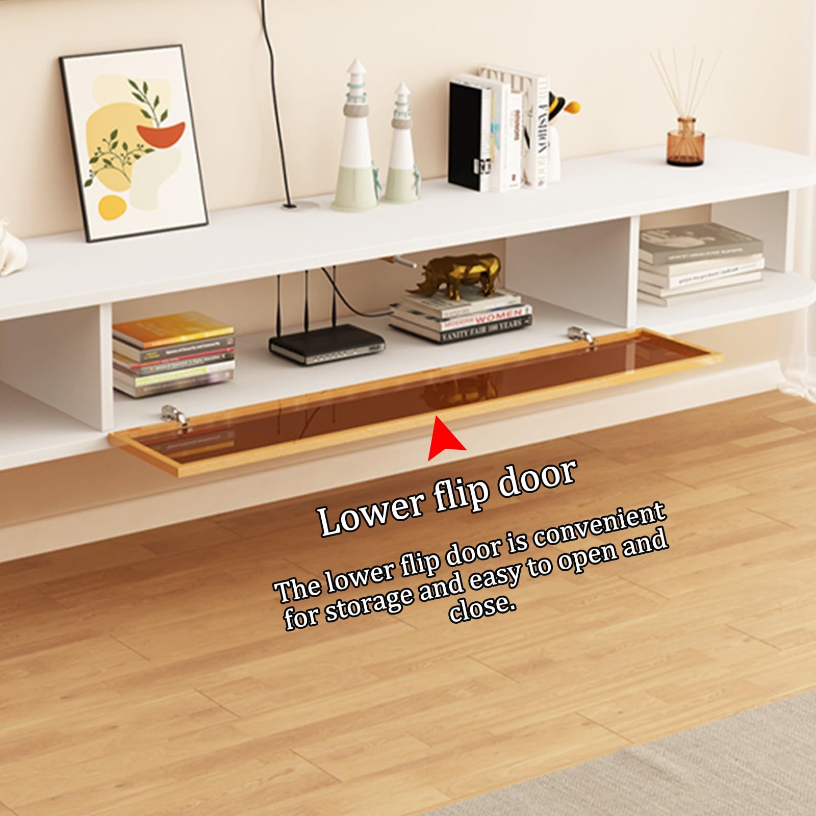 Mobile TV sospeso Moderno da Parete con Contenitore - Elegante Centro di intrattenimento per Soggiorno, Finitura Bianca, 160x24x20 cm, Design salvaspazio