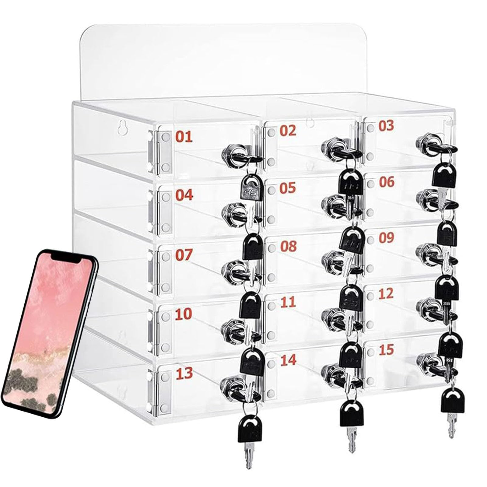 Mobile Phone Locker 12/24/36/48/60 Slots Mobile Phone Storage Cabinet with Carry Handle, Lock, Aluminium Wall Mounted or Desktop Management Box Suitable for School, Offices (Transparent, 15 Slot) — image 1