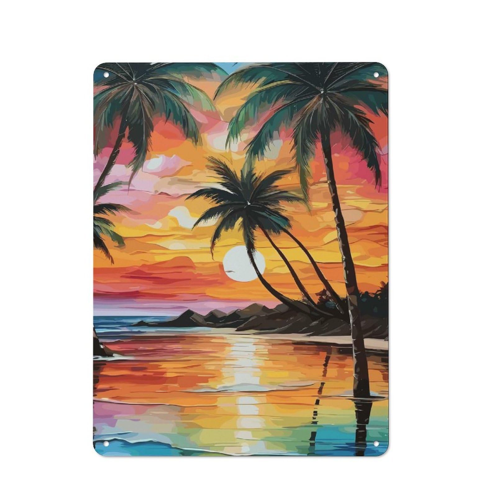 Junmoney Tropical Beach Sunset Painting Tin Wall Plaque 40X30cm, Rustic Farmhouse Wall Decor For Dining Room, Cafe, Entryway Or Family Room