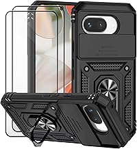 Cover for Google Pixel 9A with Tempered Glass Case with Sliding Protection Camera Case Rotating Ring Holder Shockproof TPU Bumper Cases-Black