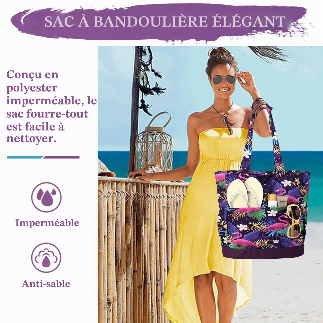 Sac de Plage Femme, VASCHY Multi-Poches Grand 17,3L Cabas Femme d'Été Pliable Léger Résistant à l'Eau Sac Fourre-tout Zippée Tote Bag pour Vacances Voyage Piscine Shopping Gym