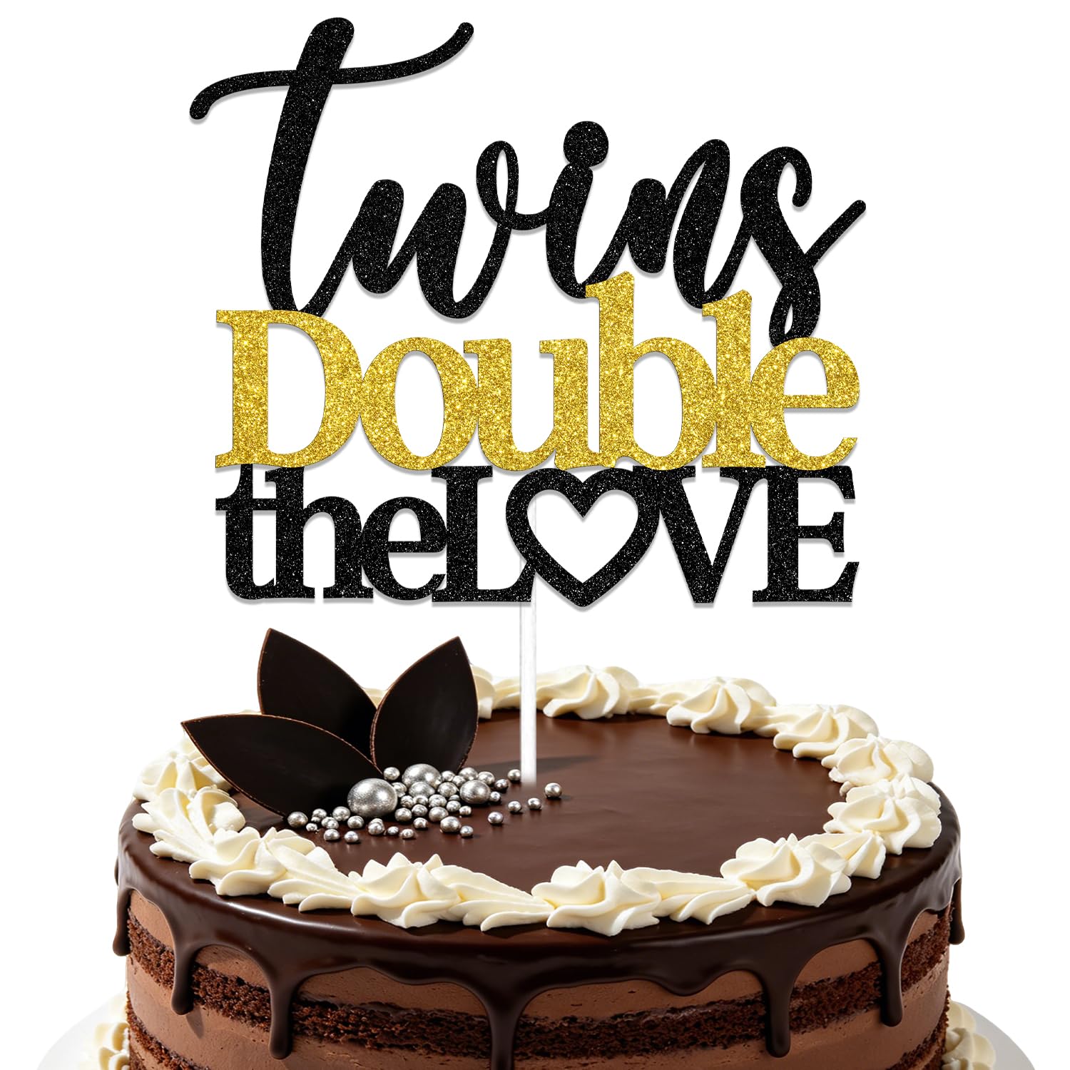 Twins Double the Love Cake Topper Twins Birthday Party Decoration Twice Blessed Gender Reveal Party Decoration Black Gold Glitter