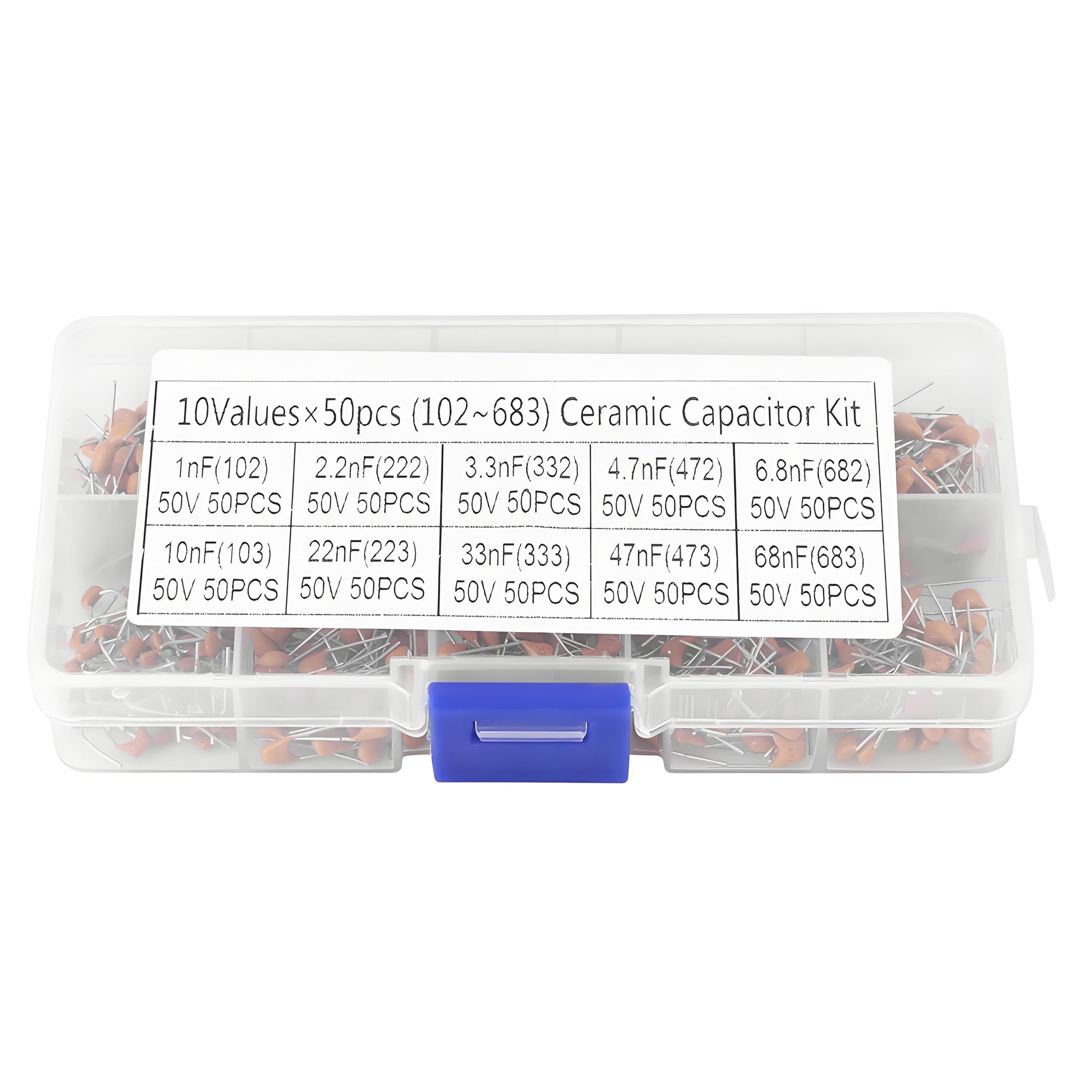 Ceramiczny zestaw kondensatorów, 500 sztuk 10 wartości 50 V Multilayer Monolithic Capacitor Kit, 1nF / 2.2nF / 3.3nF / 4.7nF / 6.8nF / 10nF / 22nF / 33nF / 47nF / 68nF Capacitor