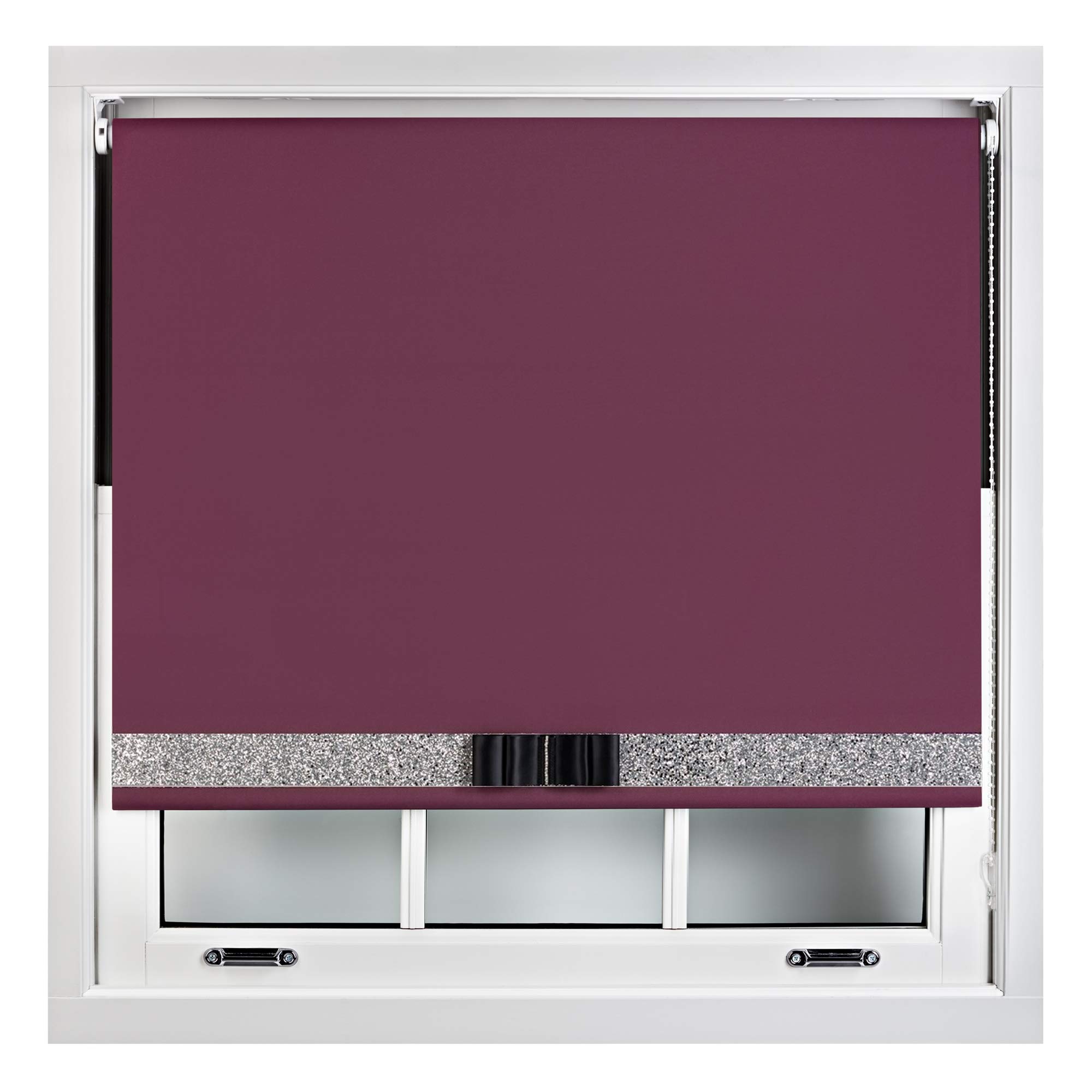 Furnished Aubergine Blackout Roller Blinds Decorative Glitter Fabric & Bow - Trimmable - 55W X 165H Cm