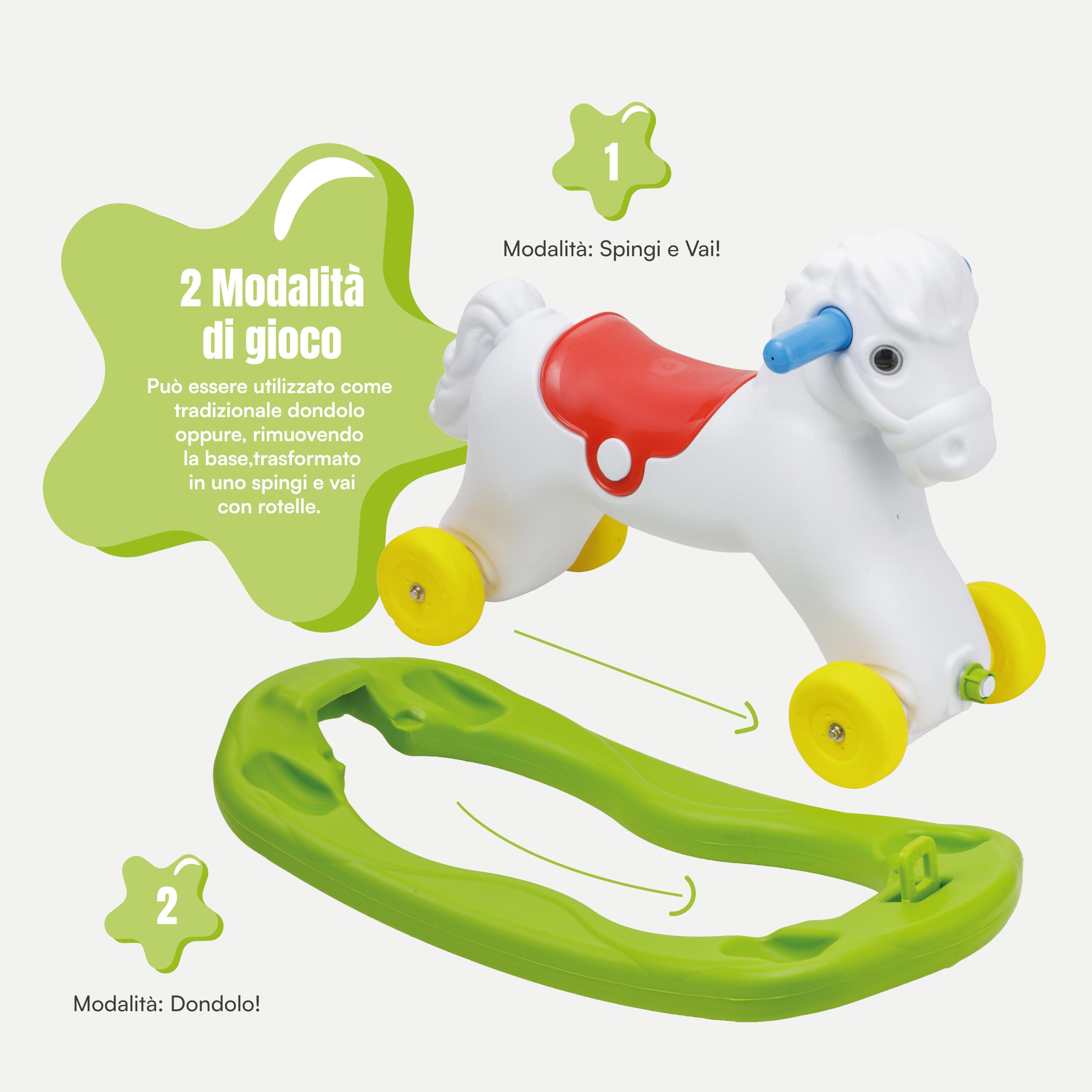 Baroni Toys Caballo balancín 2 en 1, Base balancín Desmontable, Caballo para Montar y con Ruedas, 2-5 años, 70x49x30 cm (Caballo Blanco)