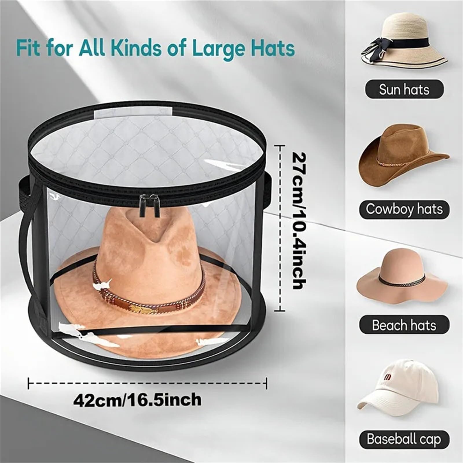 Cubo de almacenamiento no tejido, caja viaje con asa y cremallera portátil, bolsa for sombreros ropa Para Sombrero(Black)