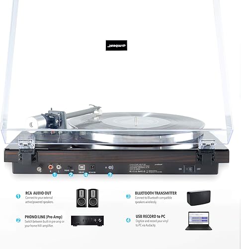 Miniatura 4 de mbeat MB-PT-18K - Tocadiscos de alta fidelidad con cubierta antipolvo extraíble, lápiz MMC, grabación USB, contrapeso Tonearm y antipatinaje,