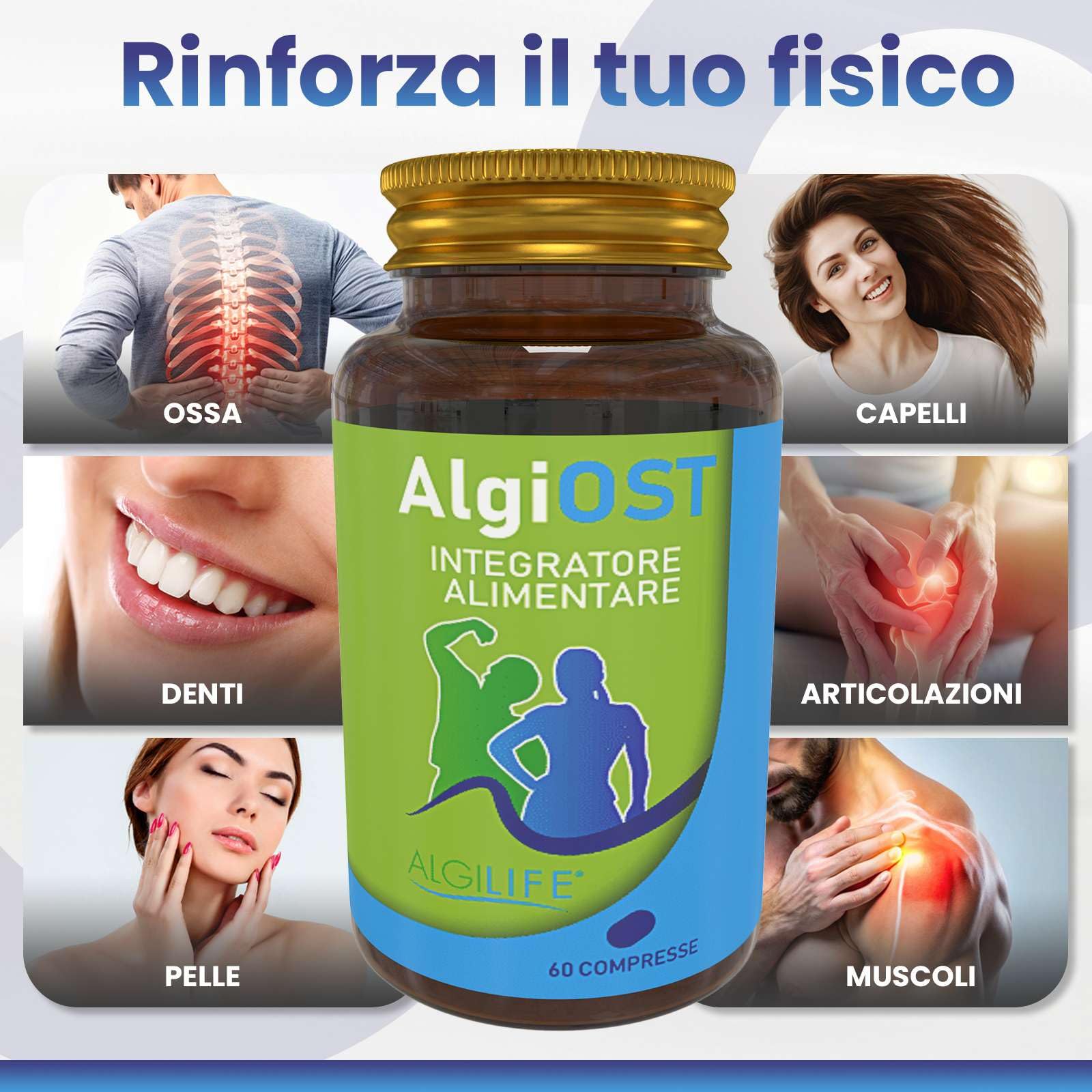 Calcio Magnesio Zinco e Vitamina D3 K2, Vitamina C, Manganese (60 Compresse Vegane) AlgiOST ALGILIFE - ZMA Integratore Magnesio, Calcio Integratore, Zinco Integratore per Ossa, Denti, Articolazioni