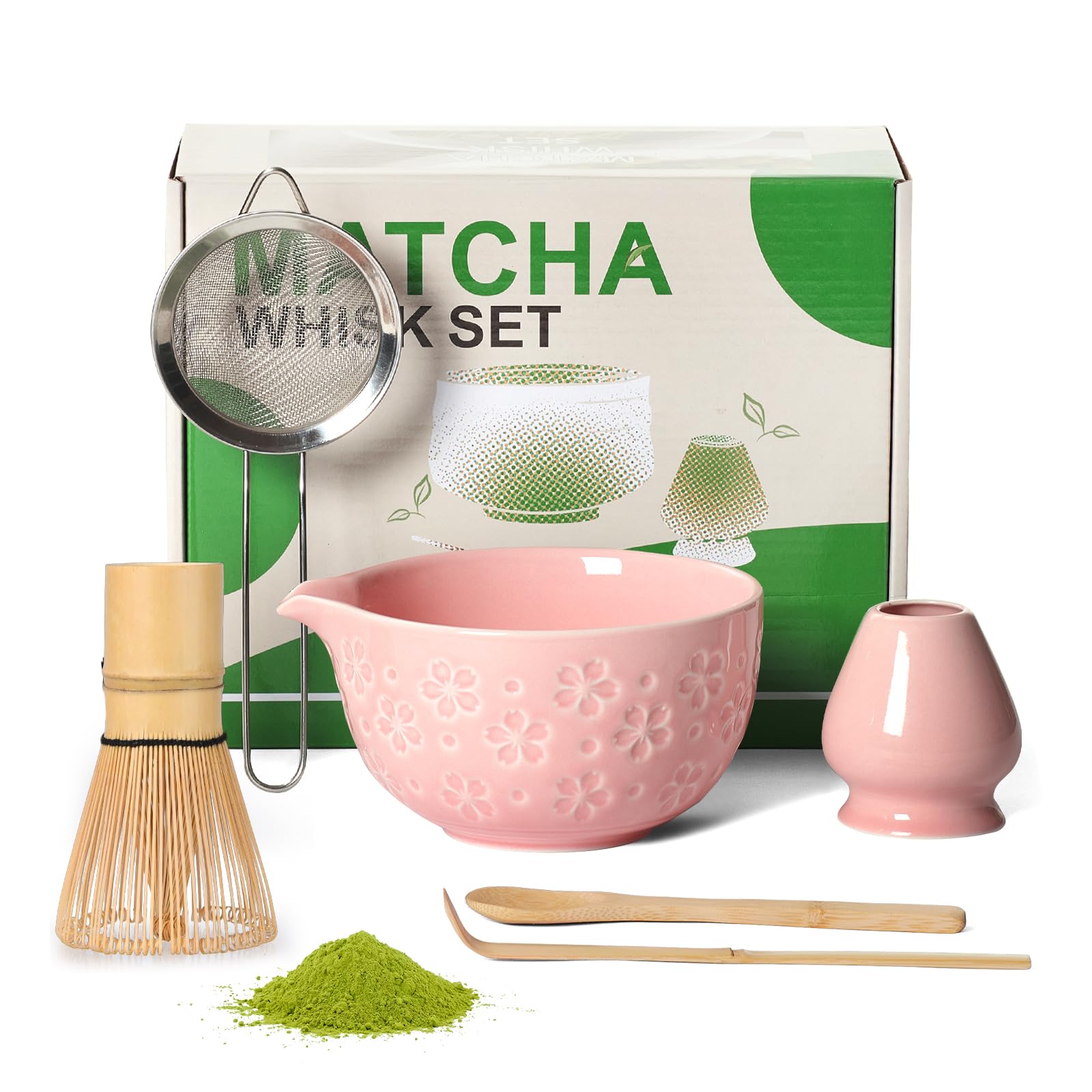Matcha Whisk Tea Set Kit: Japanese Matcha Kit - Ceramic Bowl Bamboo Whisk Chasen Holder spoon Measuring Scoop Sifter - Traditional Practical for Tea Ceremony Breakfast Lattes - Home Kitchen Christmas