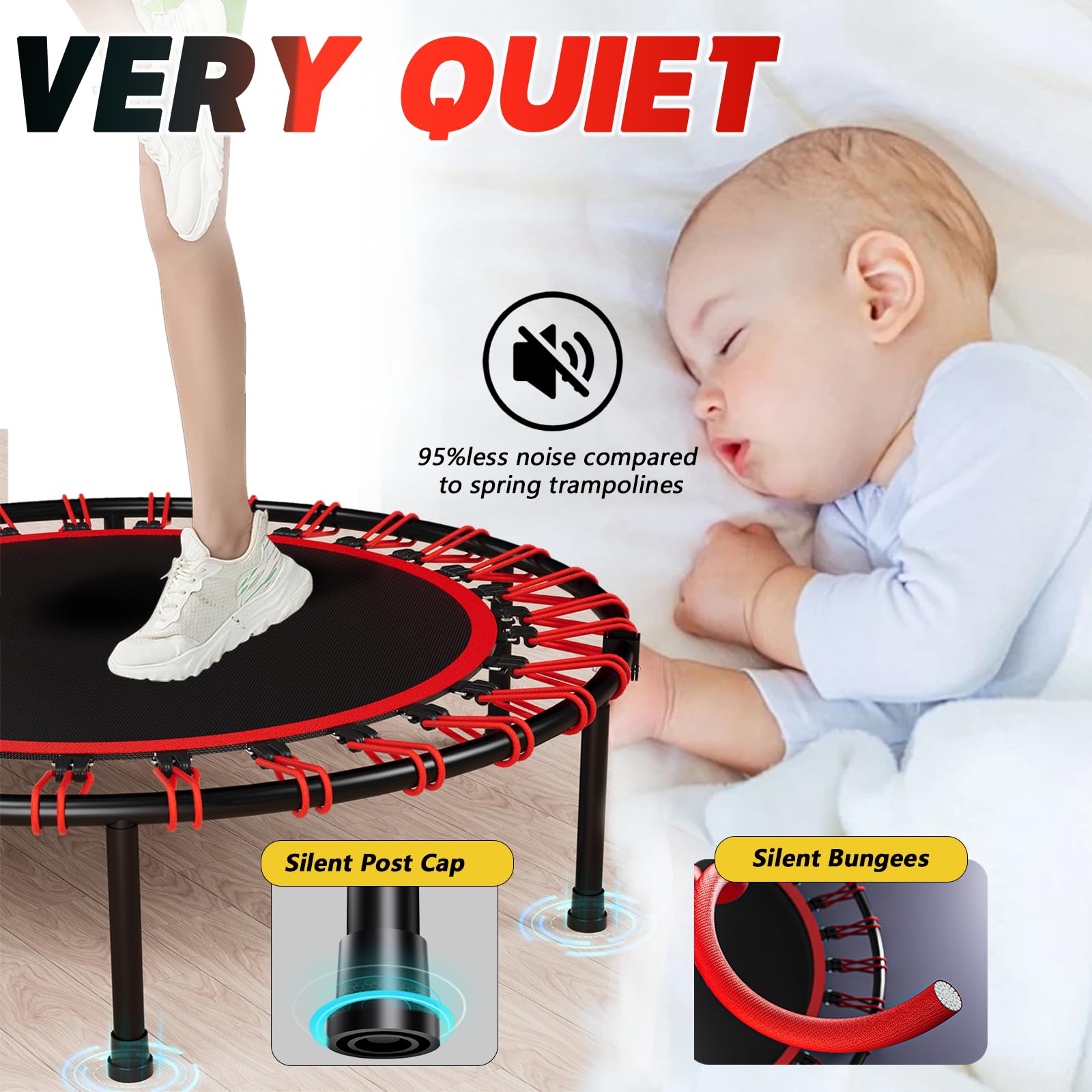 Trampolina fitness, składana, 101 cm, z uchwytem mocującym, mini trampolina z 30 linami bungee, cicha i przyjazna dla stawów, uchwyt N z regulacją wysokości, 6 nóg – trampolina do domu i cardio