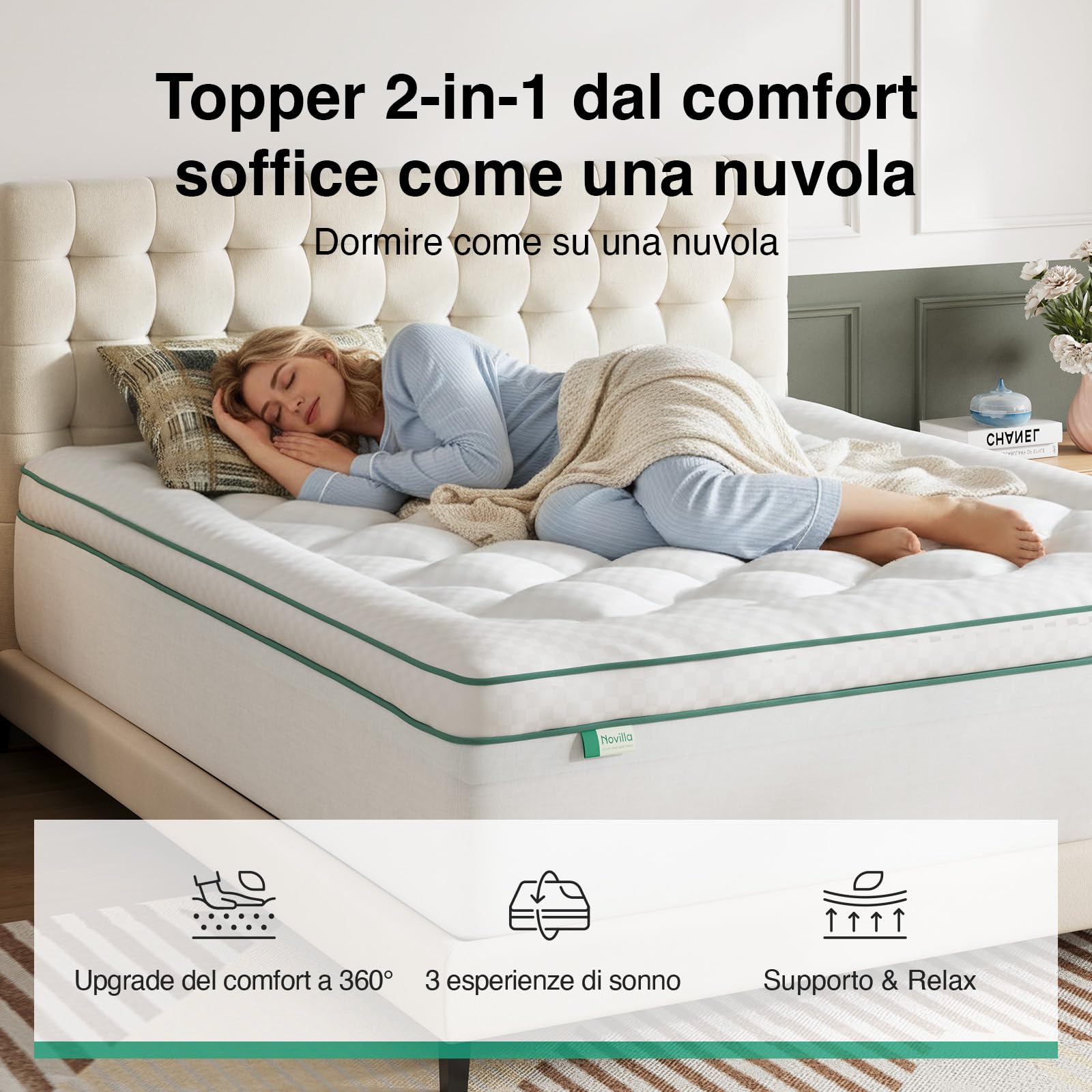 Novilla Topper Materasso Matrimoniale 160x200 cm, Sovramaterasso Memory Foam Gel 2 in 1, Design Separabile (Uso Combinato o Singolo), Strato Imbottito Soffice + Schiuma, Fodera Lavabile