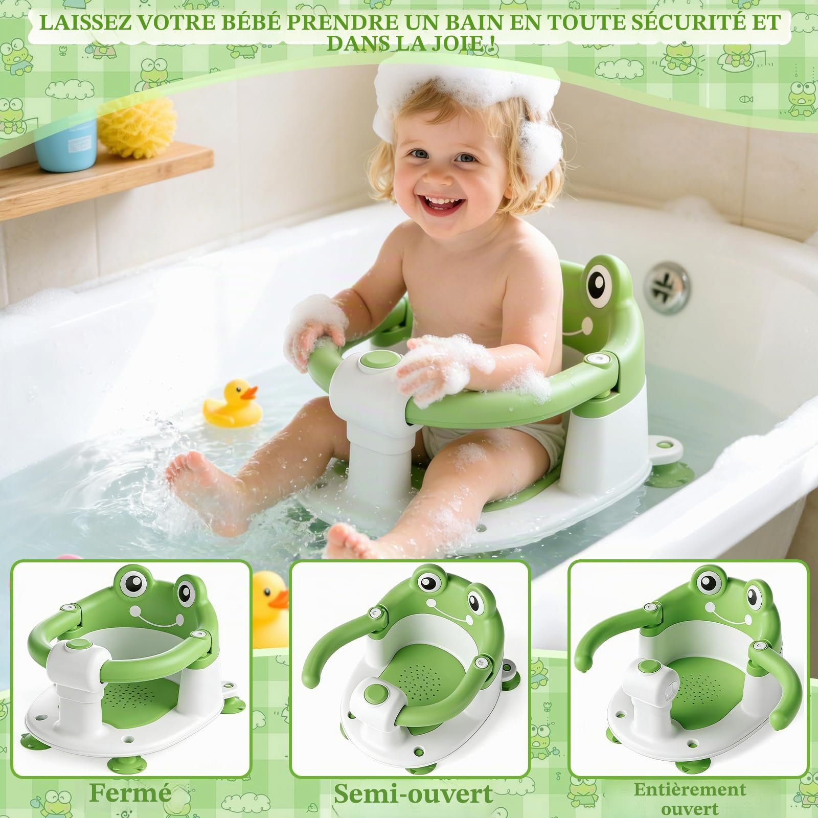 Siege Bain Bebe,SièGe de Bain pour BéBé,Siège de Bain Bébé,Anneau de Bain Bebe,Siège de Bain avec 4 Ventouses et Coussin,Chaise de Bain Portable et Sûre pour la Douche ou le Bain - Vert