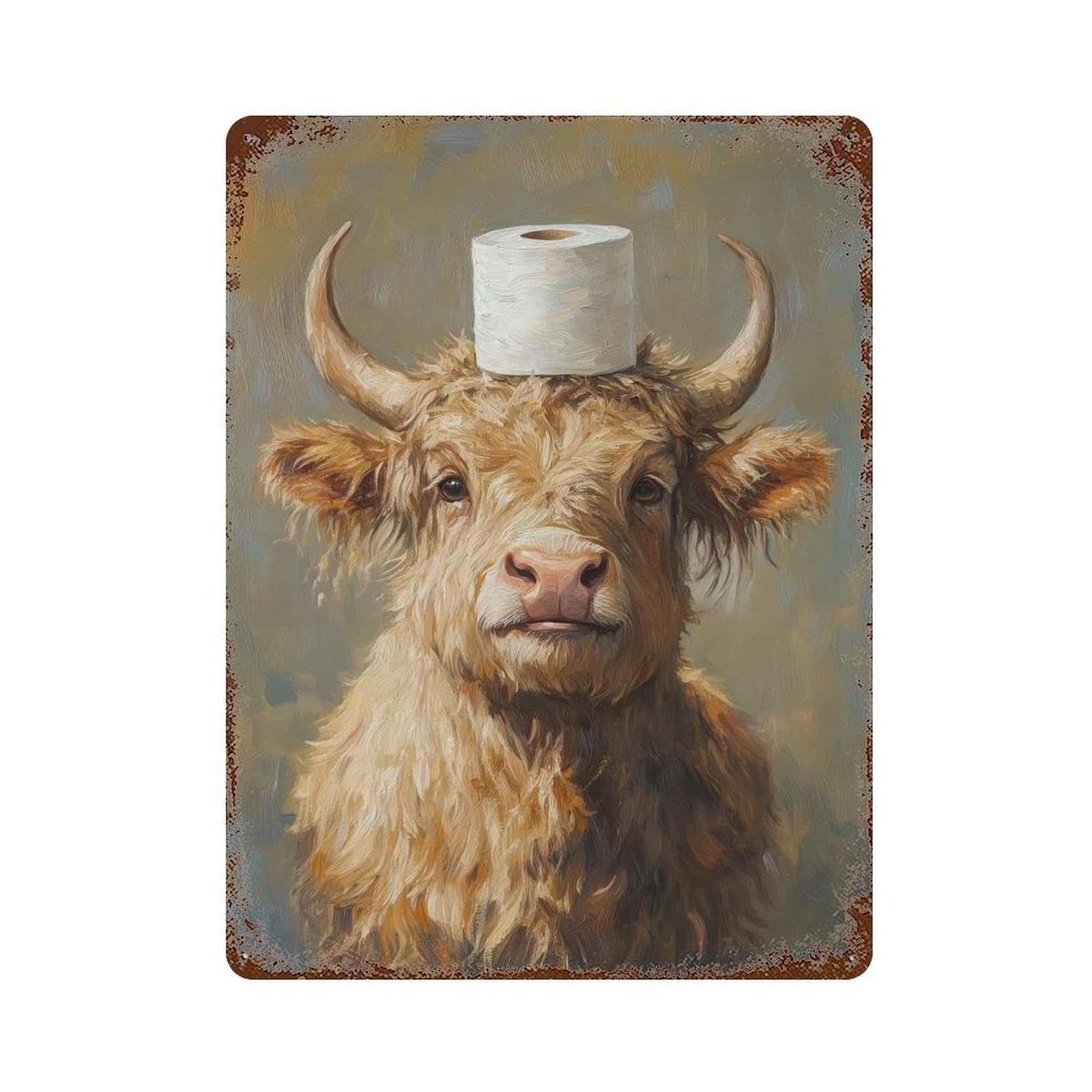 Retro Metal Sign Highland Cow with Toilet Paper 15.7"x11.8", Retro Wall Decor for Living Room, Hallway And Home Decor