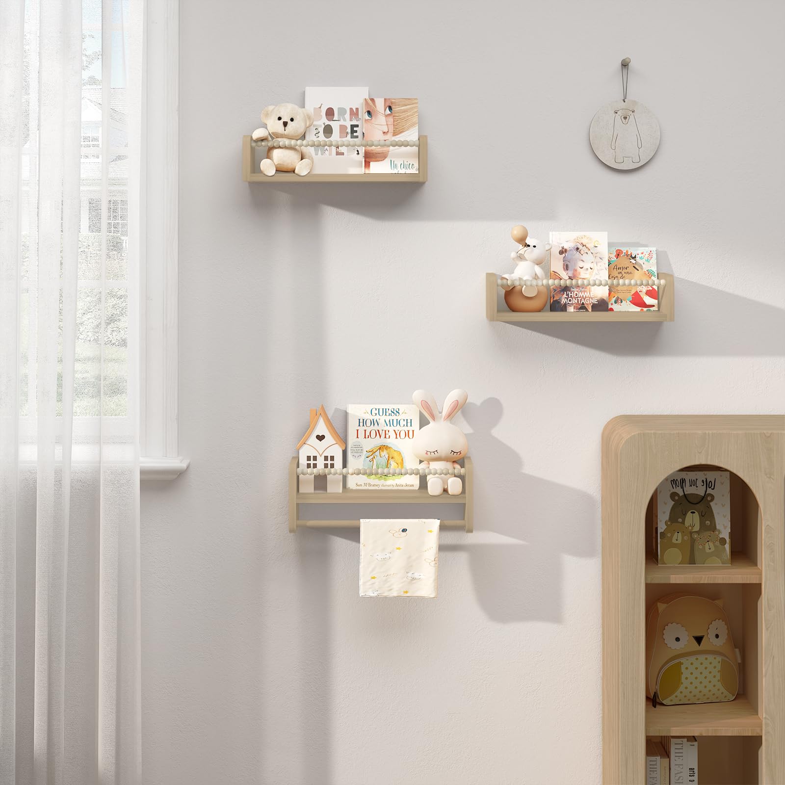 WOLTU Librerie per Bambini da Parete in Legno Massello, 40 cm Set di 3 Porta Libri per Cameretta, Scaffale Libri per Bambini, Librerie da Parete Piccole con Perline