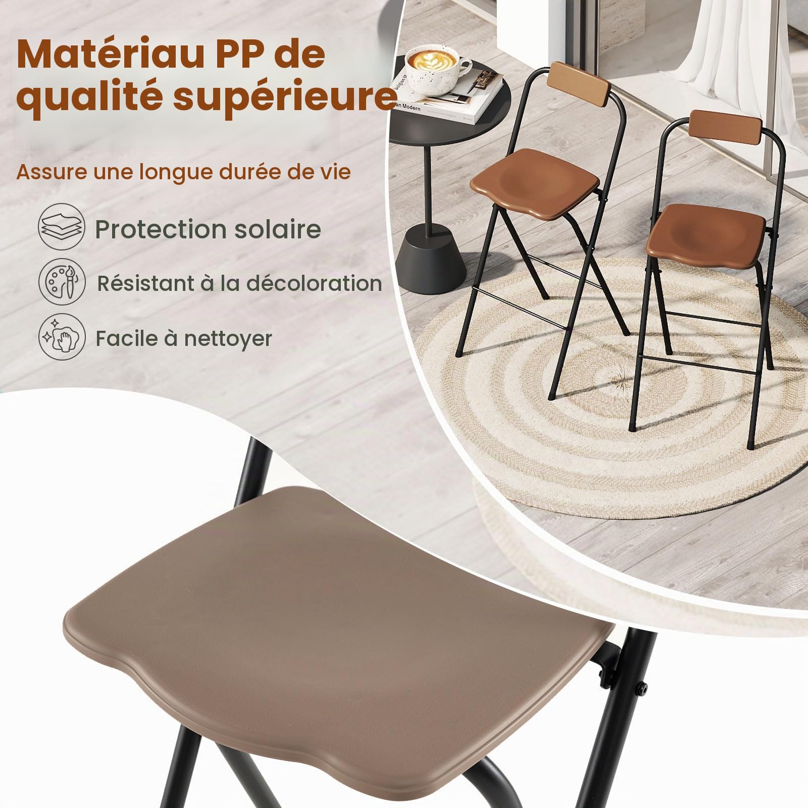 GIANTEX Lot de 2 Tabouret Pliant, Tabouret de Bar avec Dossier Inclinable, Assise Incurvée Repose-Pieds, Structure en Métal, Charge 150 kg, Chaise de Bar pour Salon, Balcon, Terrasse, Jardin, Marron