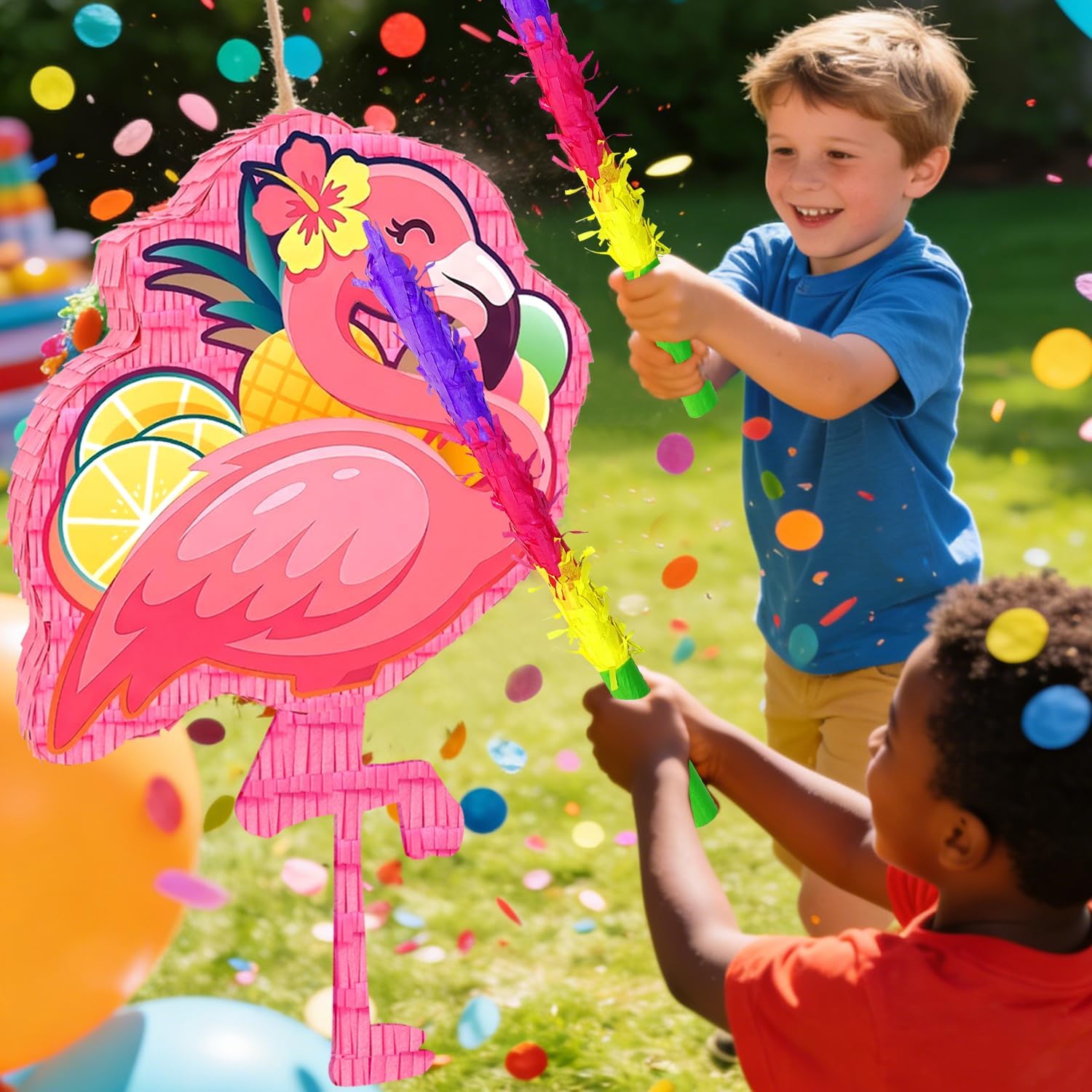 4 In 1 Flamingo Piñata, 23'' Hawaiian Piñatas Bundle, Tropical Hawaiian Party Decor Stick etc Flamingo Party Pinata for Flamingo Party Favor Bag Fillers Decorations