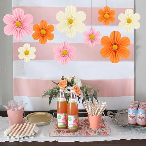 Miniatura 5 de Decoración de fiesta rosa y naranja, decoración de flores de papel para pared, abanicos de papel, telón de fondo floral, decoración de pared,
