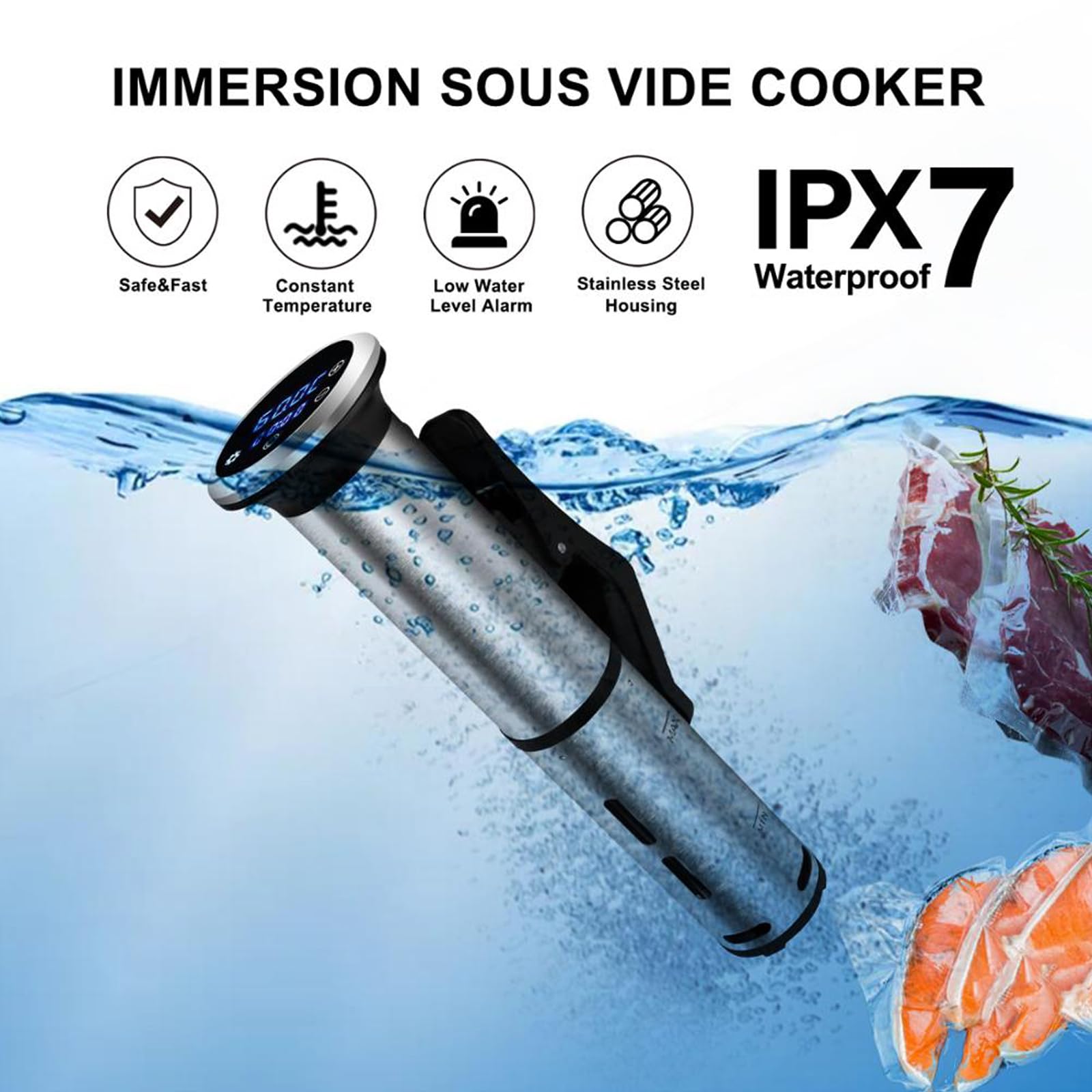 XoTiq Cocina Sous Vide, Máquina Sous Vide 1200 W, Cocina de Precisión Impermeable IPX7 con Abrazadera Ajustable y Pantalla Táctil LED Digital, Control Táctil, Temperatura Precisa, Circulador