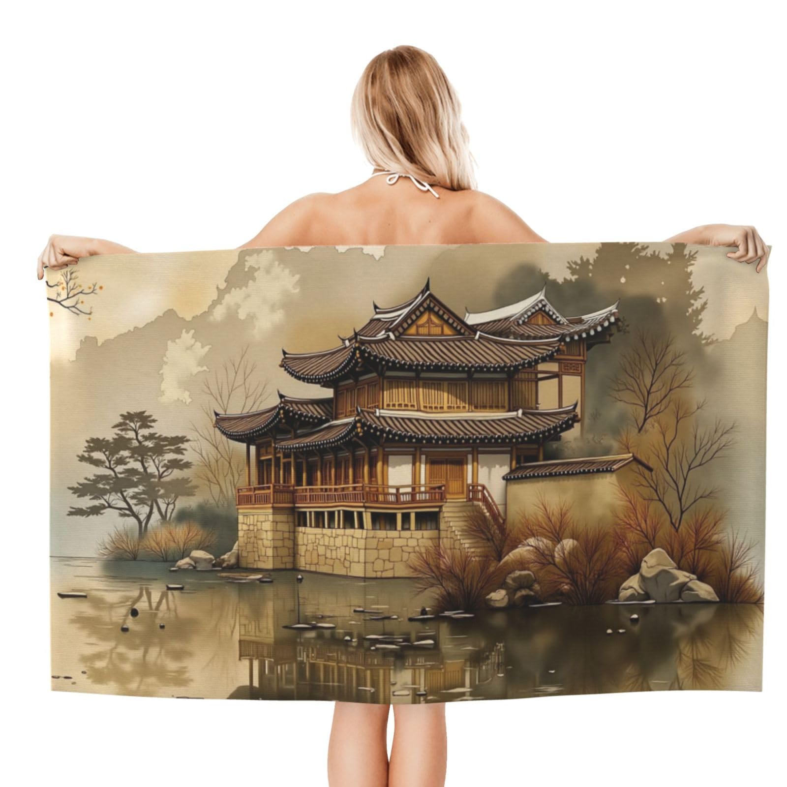 Anceky Beach Towel for Women, Asian Pagoda Landscape Sand-Free Microfiber Ultra Soft Lightweight Bath Towels for Outdoor Bathroom Swimming 32"X52"