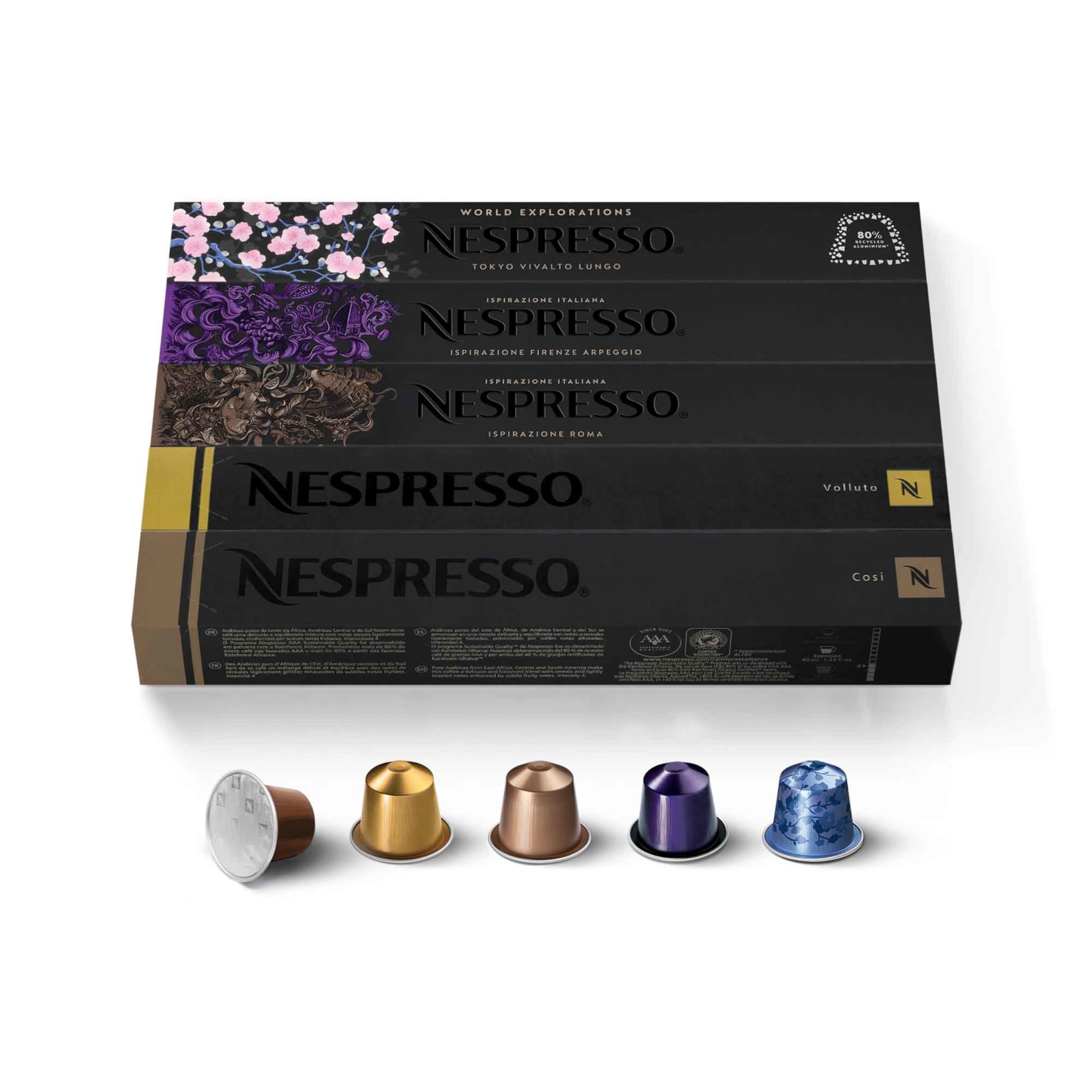 Original Coffee Pods, 50 Mixed Pack - 10 Volluto, 10 Roma, 10 Cosi, 10 Vivalto and 10 Arpeggio Capsules for Nespresso Machines. Make Espressos, Cappuccino and Macchiato. Recyclable Pods