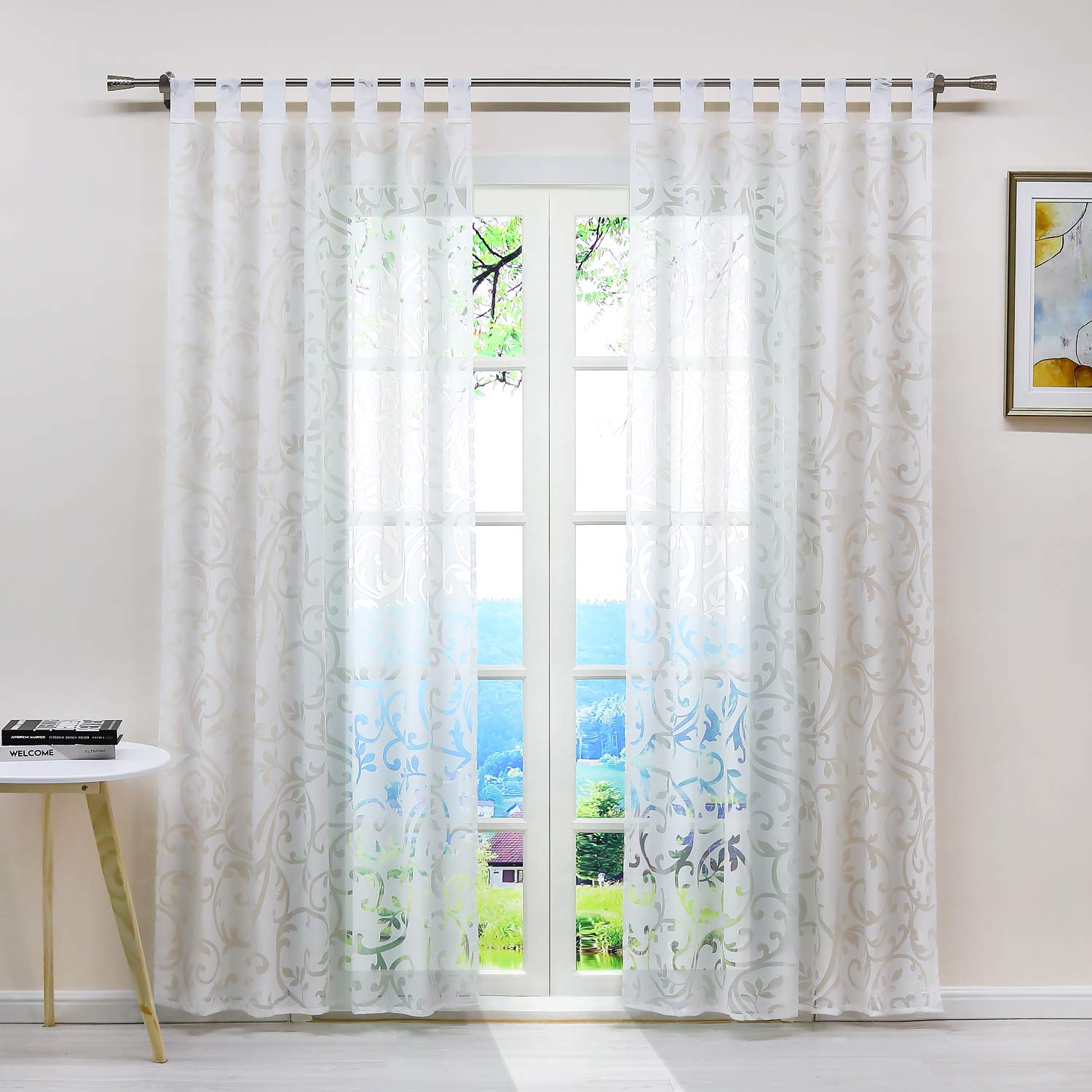 ESLIR Gardinen mit Schlaufen Vorhänge Ausbrenner Fensterschal Transparent Schlaufenschal mit Ranken Muster Weiß BxH BxH 140x225cm 1 Stück