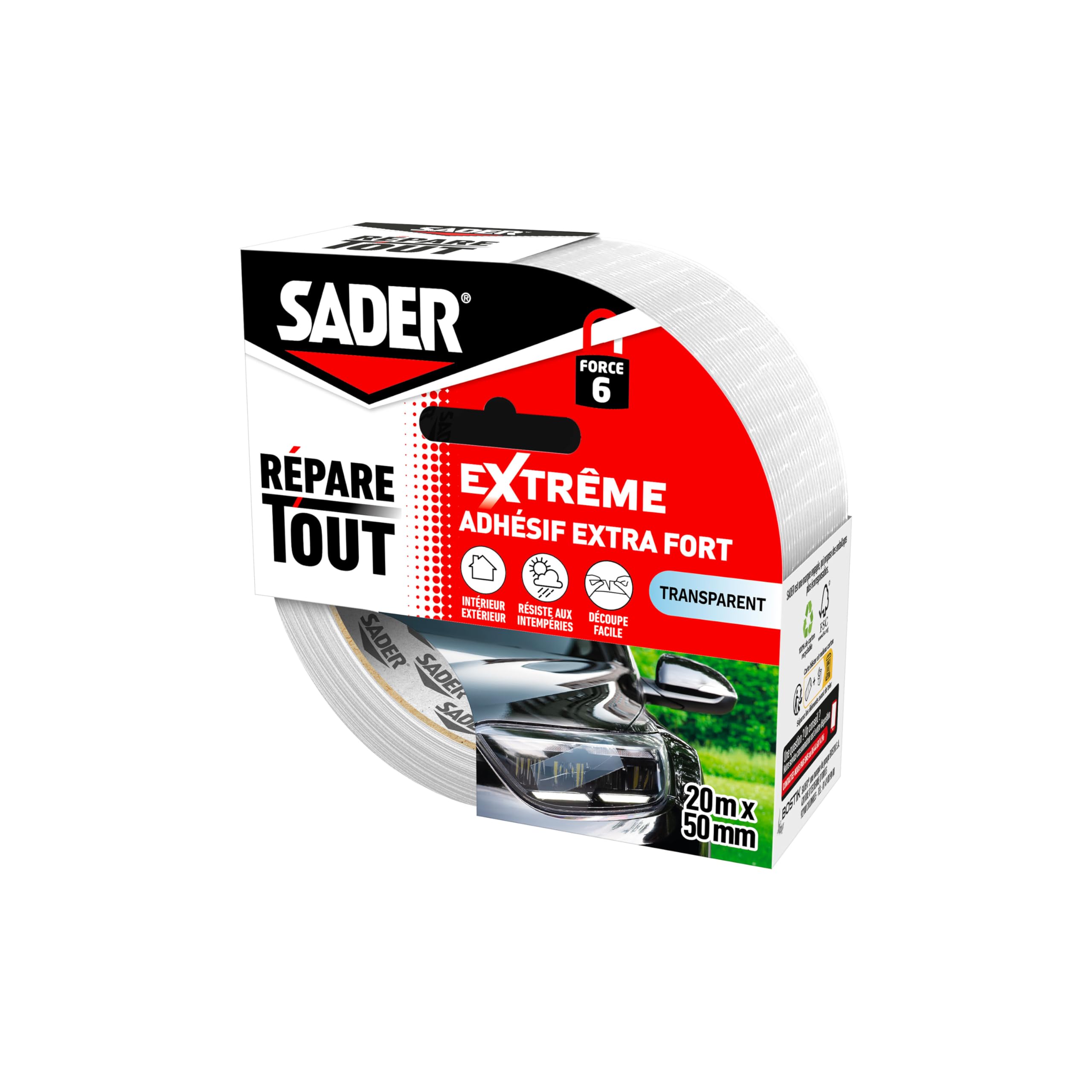 SADER Repare Tout Extrême Transparent – Adhésif Extra Fort – Hautes Performances – Intérieur & Exterieur – Toutes Surfaces – Facile à Découper – 20m x 50mm