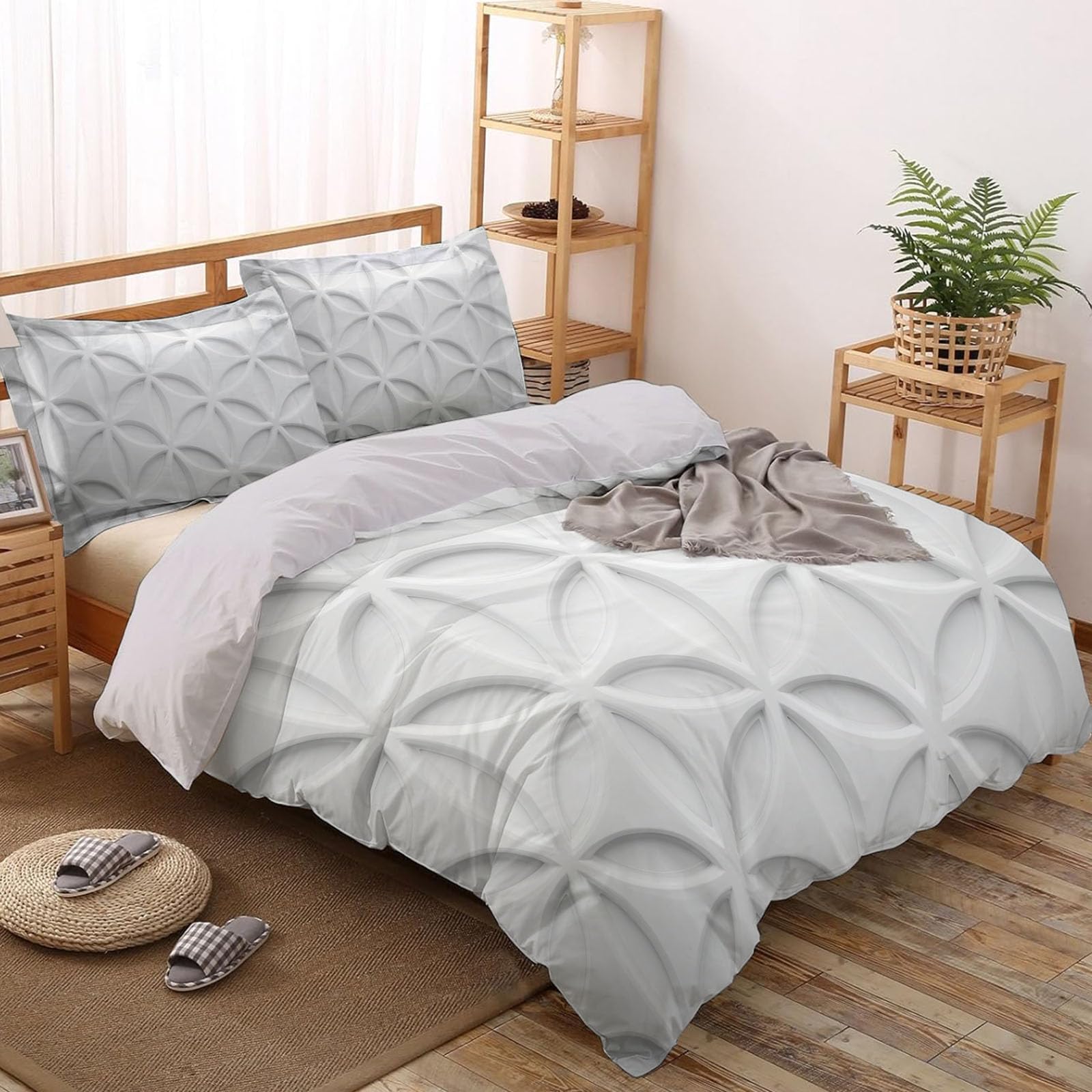 Copripiumino Matrimoniale Moderno Geometria,Set di Biancheria da Letto Effetto Rilievo Visivo Astratto Petali Foglie,Copri Piumino 200x200cm con 2 Federe 50x75 cm,Microfibra Morbida Lavabile,Bianco