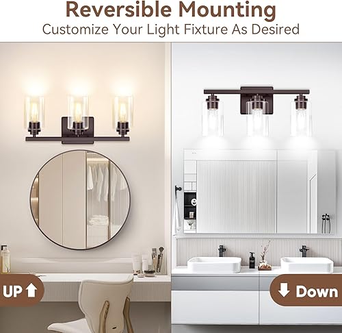 Miniatura 2 de Lámparas de baño de 3 luces, 19 pulgadas, modernas luces de tocador sobre espejo con pantallas de vidrio transparente, accesorio de luz marrón,