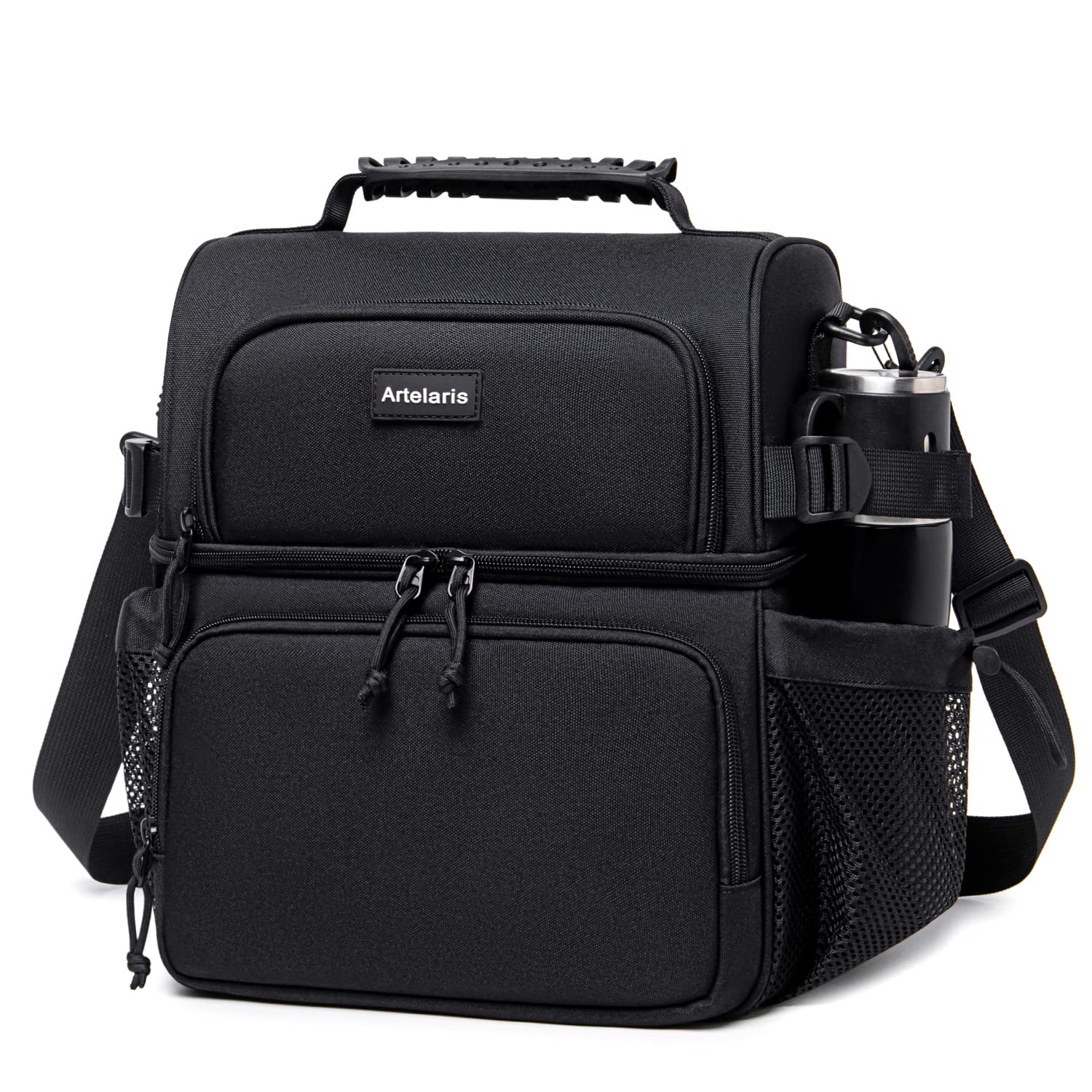 ArtelarisLunch Bag for Men and Women, Dual Compartment Lunch Bag, Double Insulated Leakproof Cooler Bag, with Side Pockets and Shoulder Strap Large Lunch Bag for Picnic Work Camping Fishing School