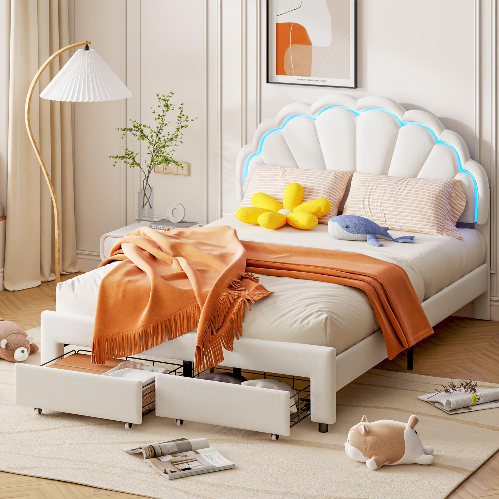 White Upholstered Bed 120x190cm with Shell LED Headboard,4ft Storage Bed โ image 1
