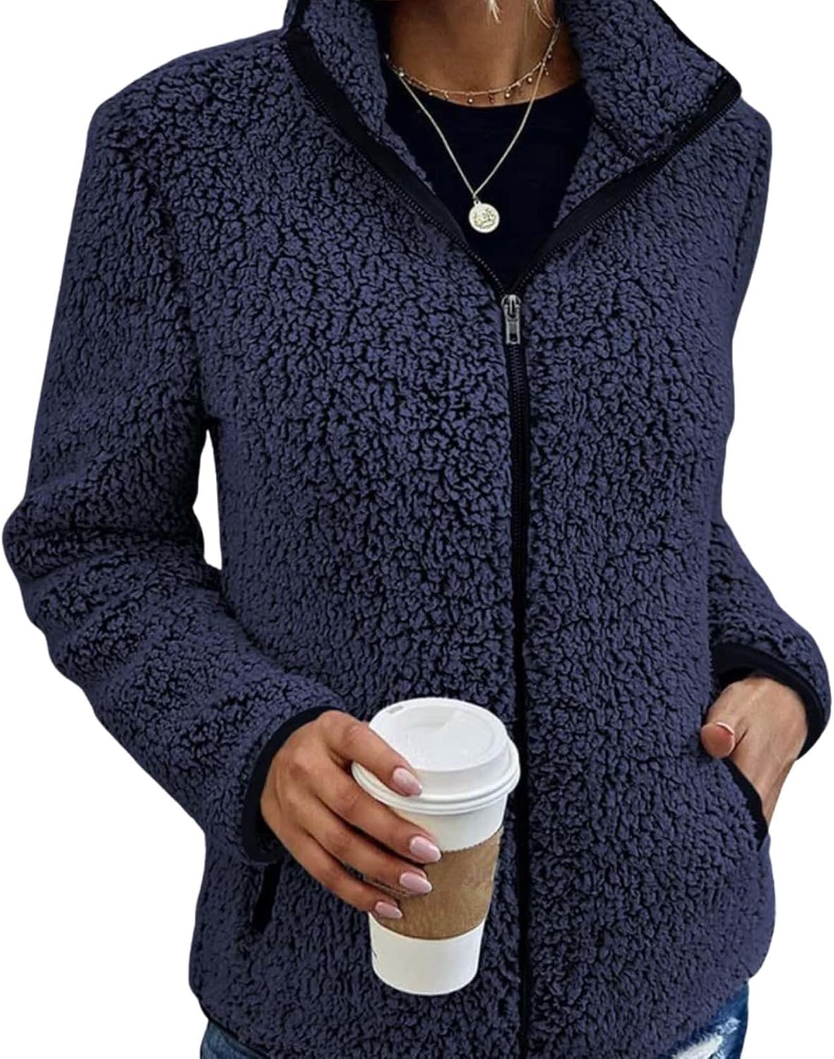 Womens Winter Jacket Casual Warm Plush Zipper Long Sleeve Standing Collar Coat with...