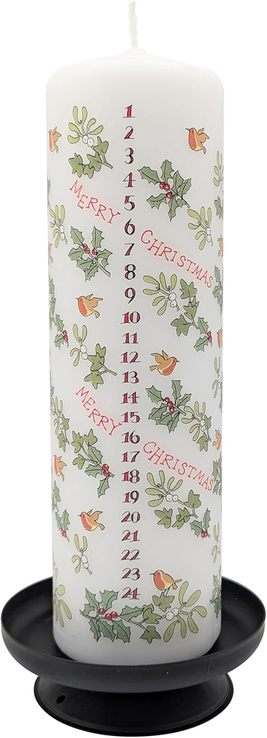 Alison Gardiner Holly and the Ivy Advent Pillar Candle – Unscented Wax Christmas Countdown, 70hr Burn, Handmade in UK – Festive Candle for Table, Mantel & Holiday Décor