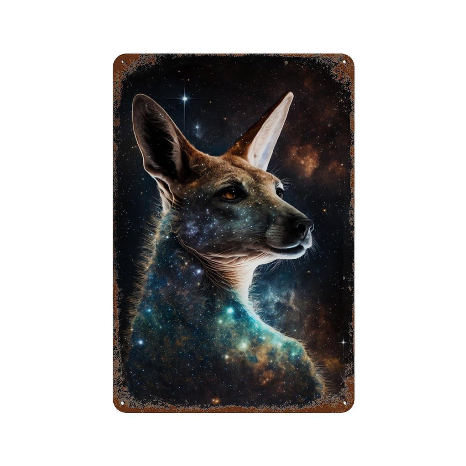 Aged Metal Wall Plaque with Galactic Kangaroo Portrait Design 11.8"x7.9", for Shed, Workshop And Garage Wall Decor, Decorative Metal Wall Art