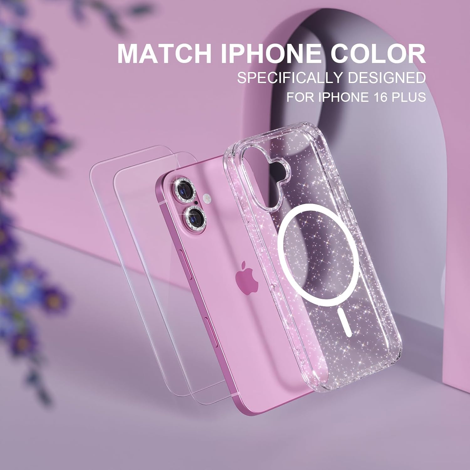 Choiche for iPhone 16 Plus Case Magnetic, Women Clear Glitter Bling Sparkly Case, [2xDiamond Camera Lens Protectors] [2xTempered Glass Screen Protectors] [Compatible MagSafe] 6.7" (Glitter Clear) | Women, Bling, Sparkly, Compatible MagSafe - Image 7