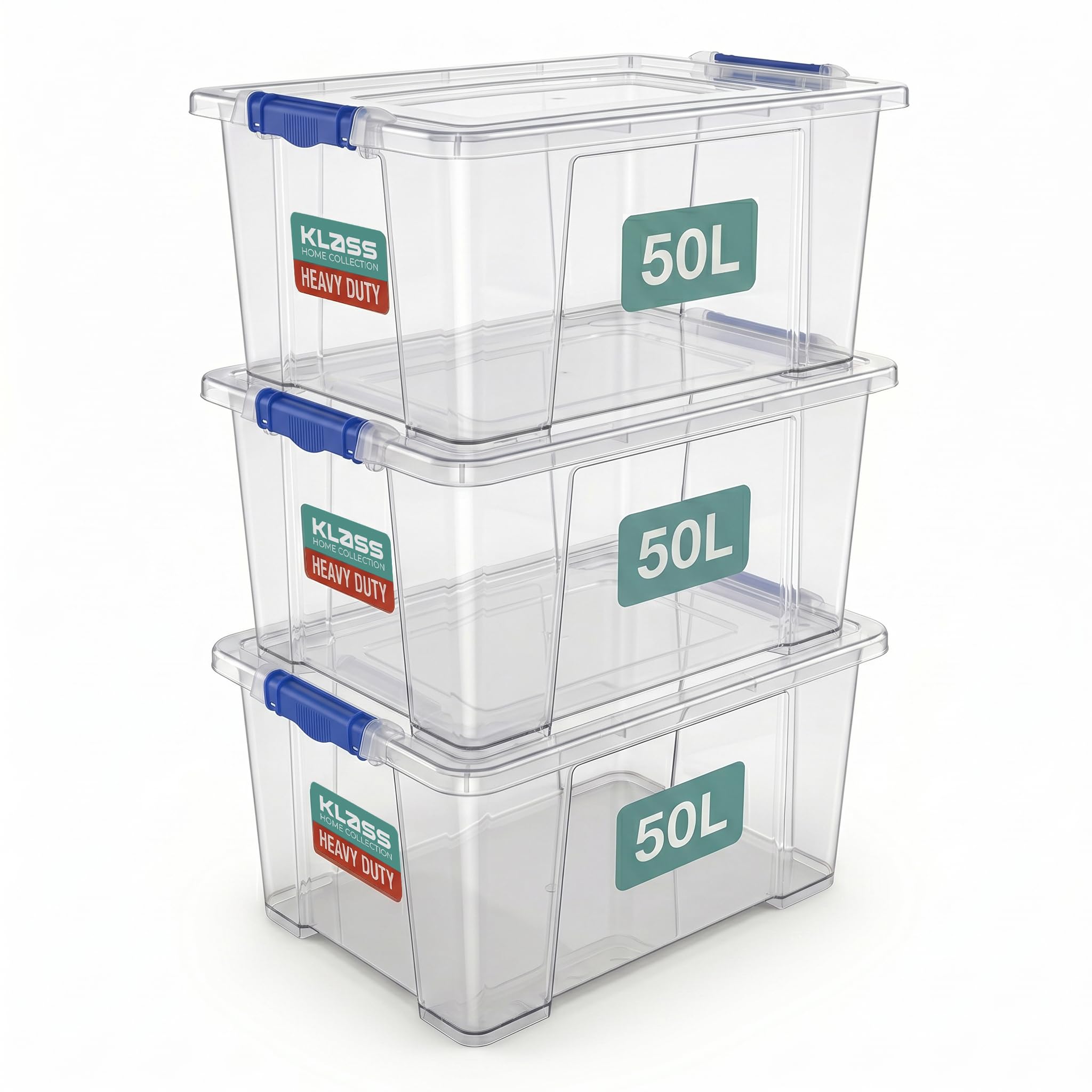 Klass 3 PCS 50L Plastic Storage Boxes With Lids, Cliping Lid Clear