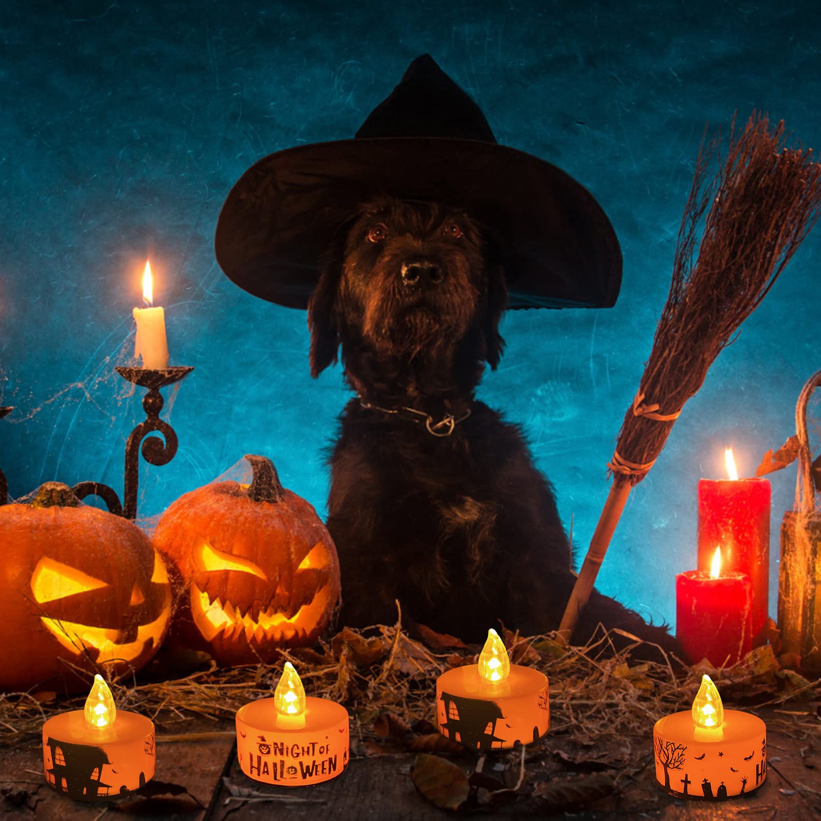 TOPJOWGA Citrouille Bougie D'Halloween, 24 Pièces Halloween Citrouille Bougies Chauffe-Plat Alimenté Batterie, Bougies LED Sans Flamme, Décoration