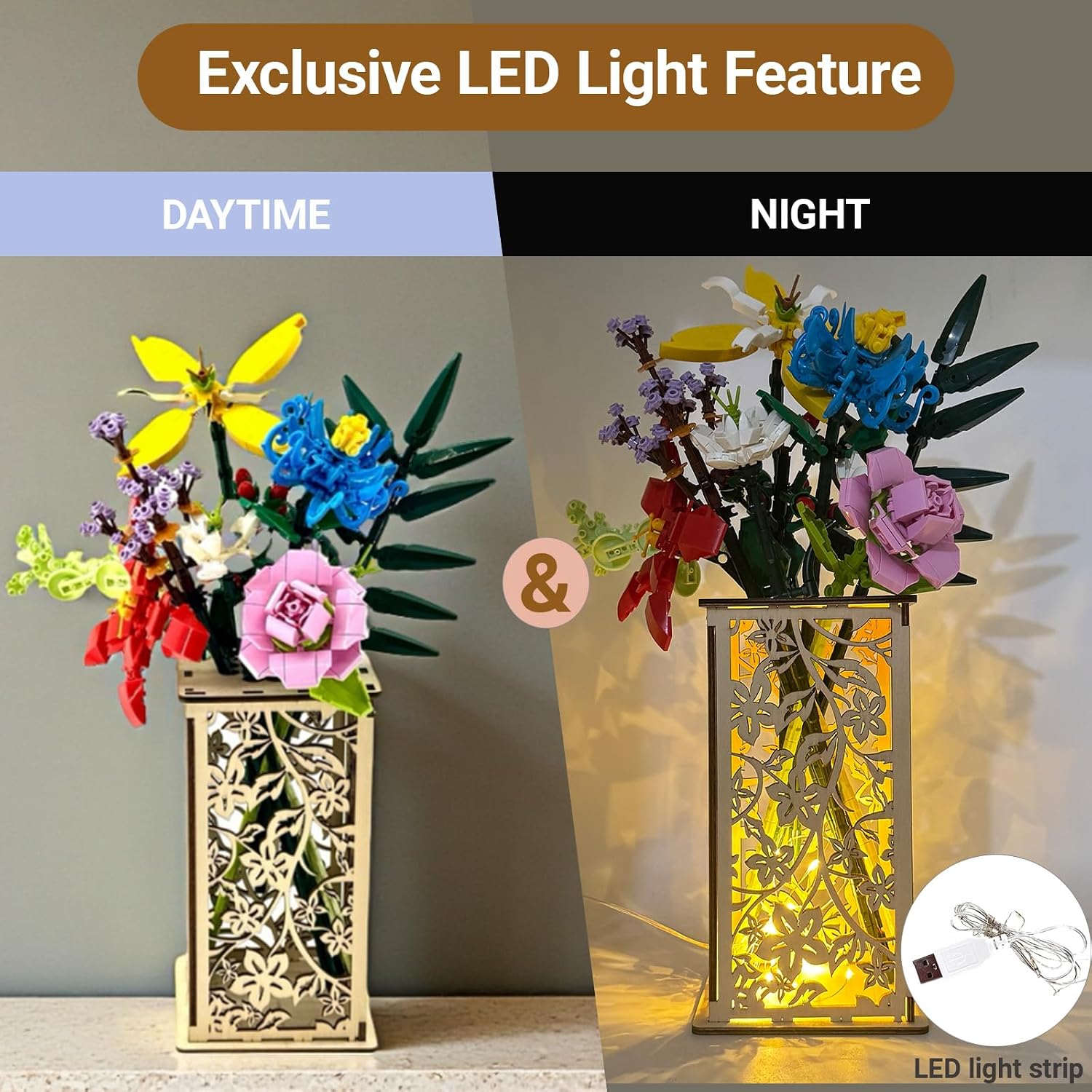 Wooden Carved Lego Flower Vase with Hollow Design -Artistic Display Stand for Lego Flowers, Perfect Vase for Lego Bouquet, Ideal Gift for Flower Lovers