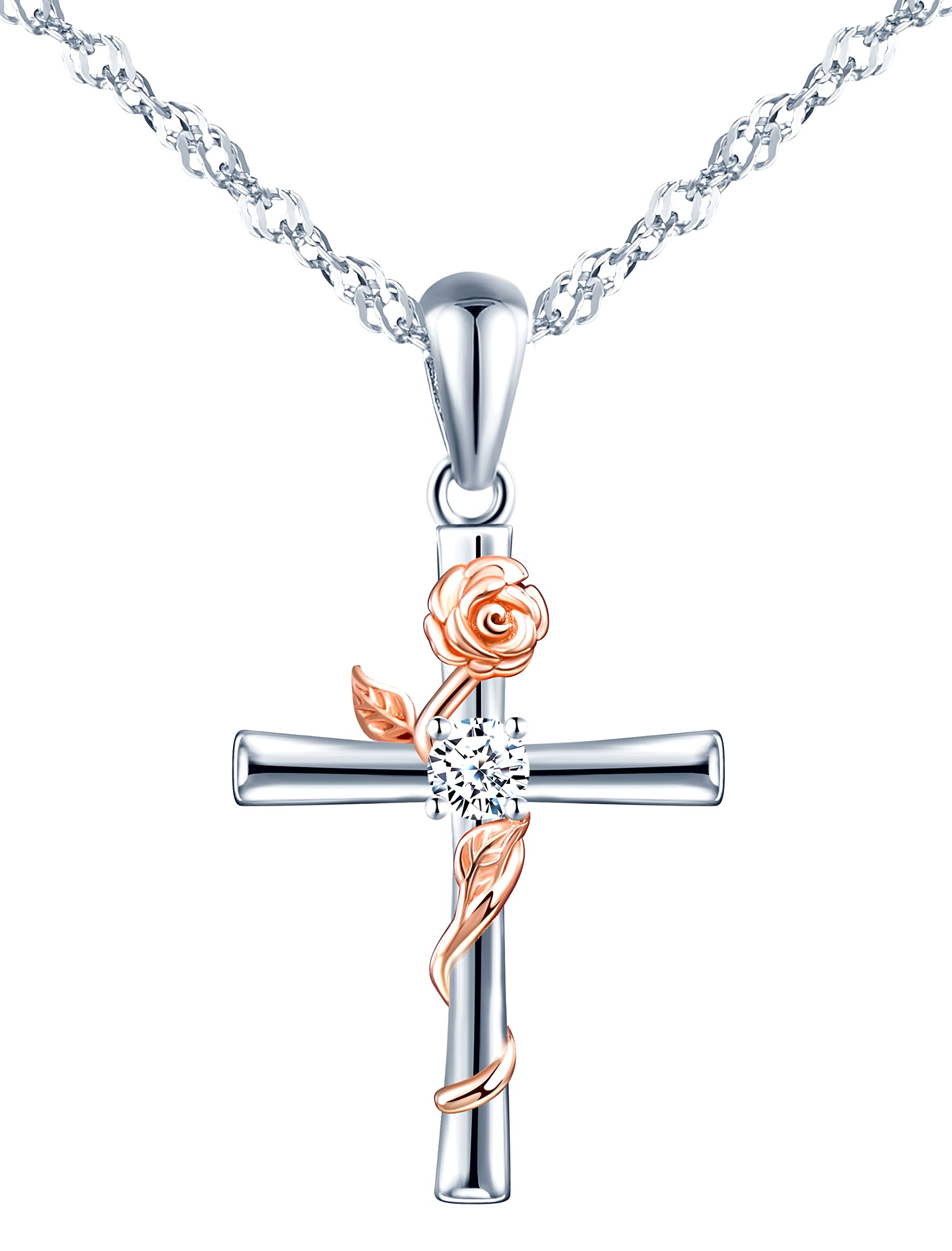 INFINIONLY Collare y Pendientes cruz para mujer y niña, Juegos de joyas de plata 925, Collar y Aretes con cruz de plata entrelazada con flor de oro rosa, Proceso de enchapado de doble color, elegante