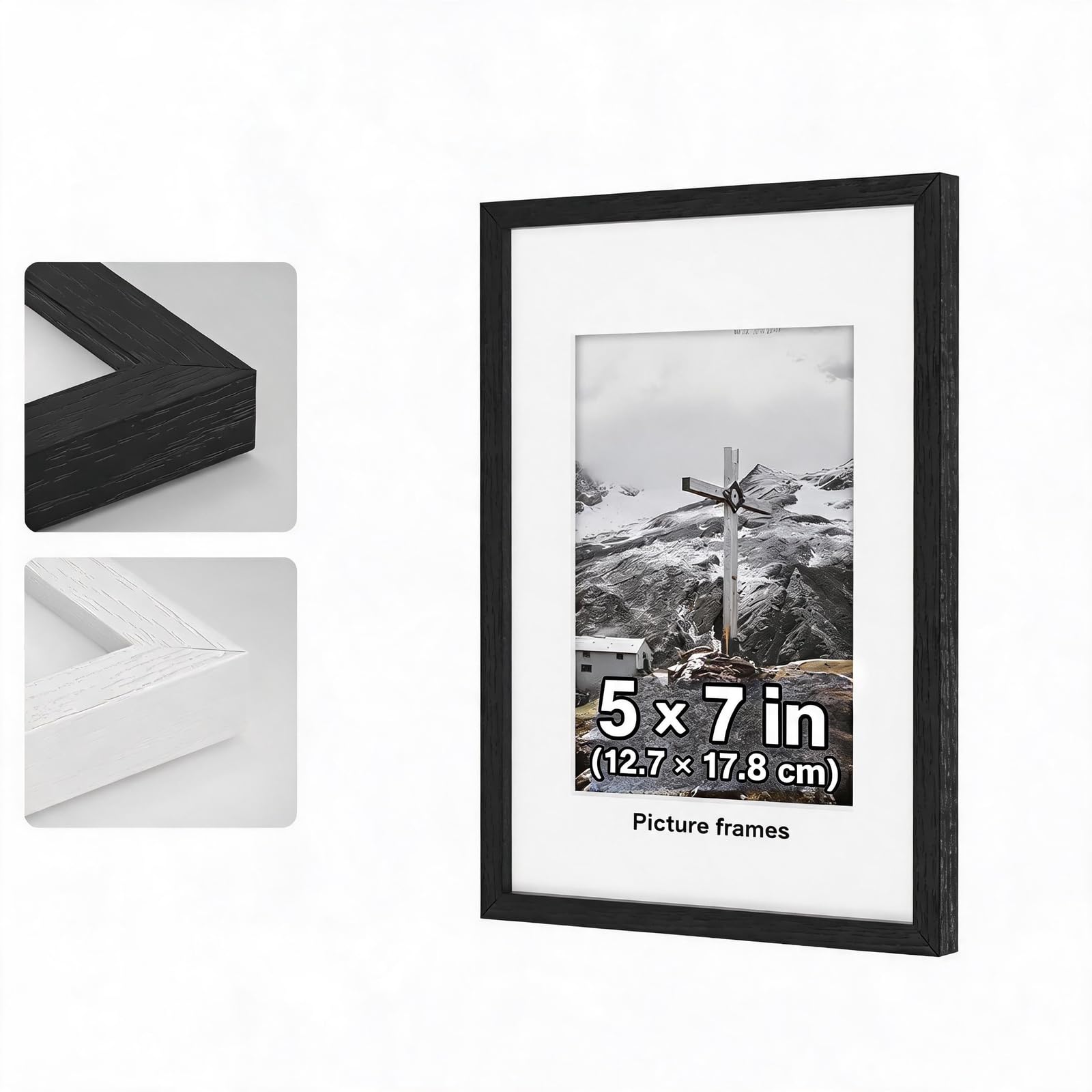 5x7 Picture Frame Black, Wooden 5x7 Photo Frames, with 5.9x3.9 inch Mount | Dual Orientation (Landscape/Portrait), Includes Wall Hooks - Wall Mount for Home, Office, Gallery (Black, 5x7 Inch) — image 1