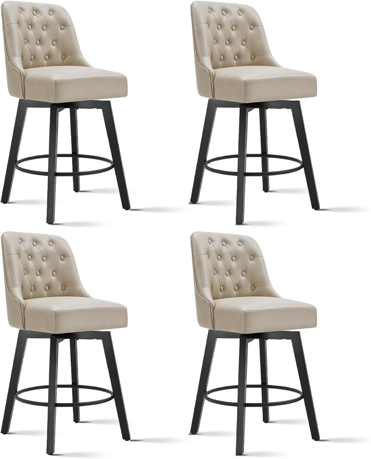 Swivel Counter Height Bar Stools Set of 4, 26" Upholstered Faux Leather Barstools with Back,Thick Seat and Square Solid Wood Legs for Kitchen Island Home Bar, Beige