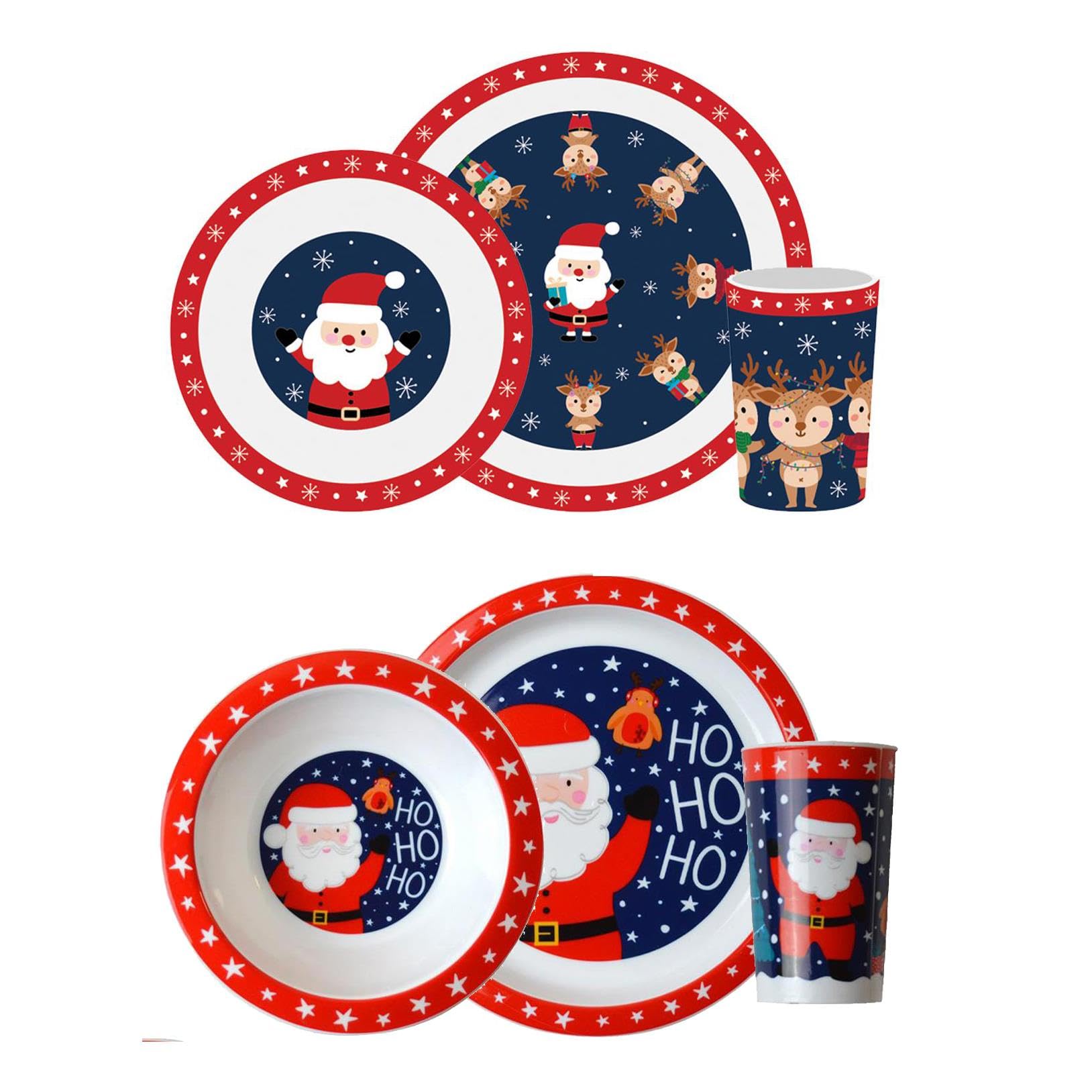 YöL 6 Piece Kids Christmas Dinner Set - Plastic Plate Bowl Cup Food Drink Breakfast Lunch Dining Table - Santa Reindeer Red Blue Snowflake Design Baby Toddler