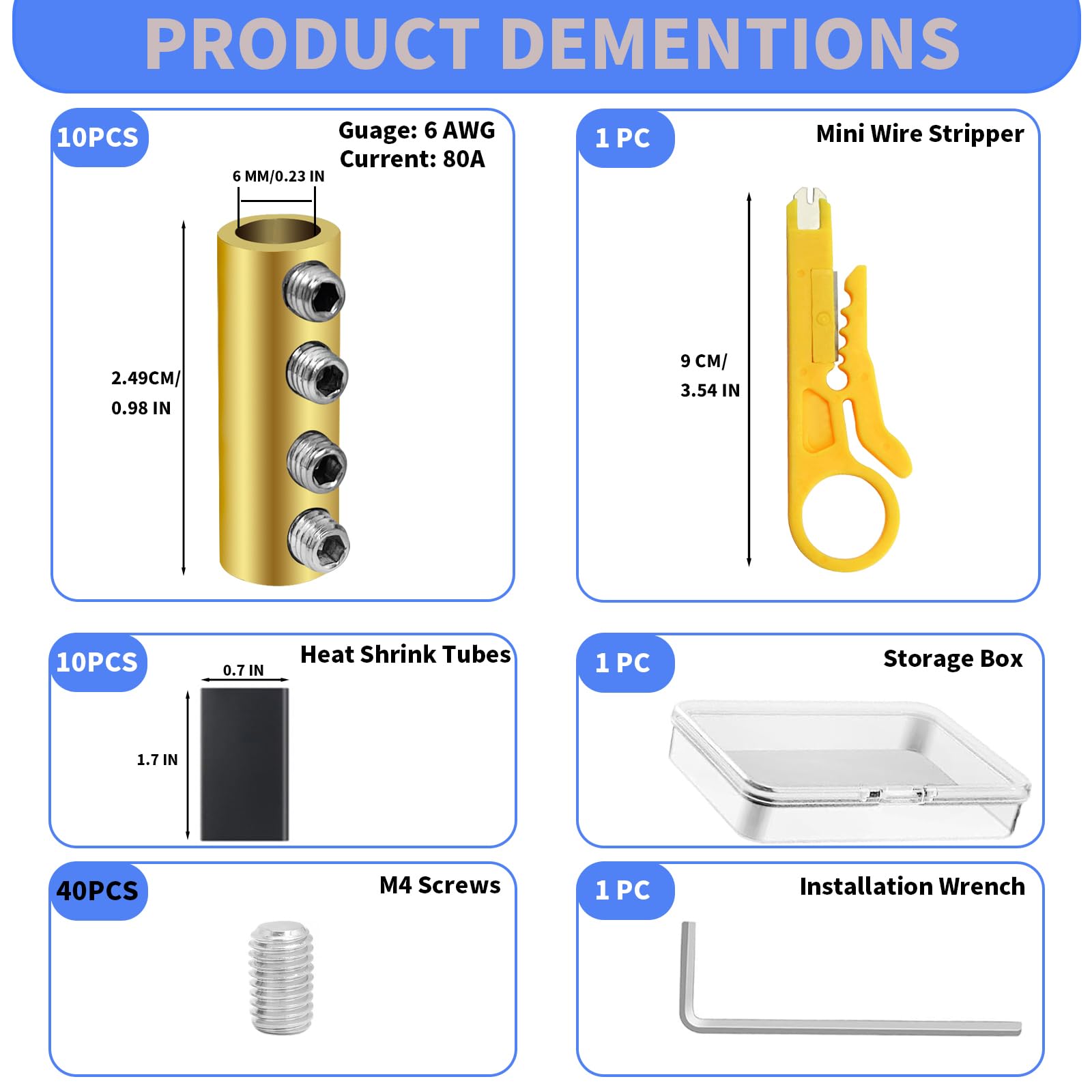 10Pcs 6 Gauge Wire Connectors, 80A Wire Splice Connectors 6AWG Quick Connect Wire Nuts Connectors with 10Pcs Heat Shrink Tubes, Mini Wire Stripper, Screws, Wrench Battery Cable Terminal Connectors
