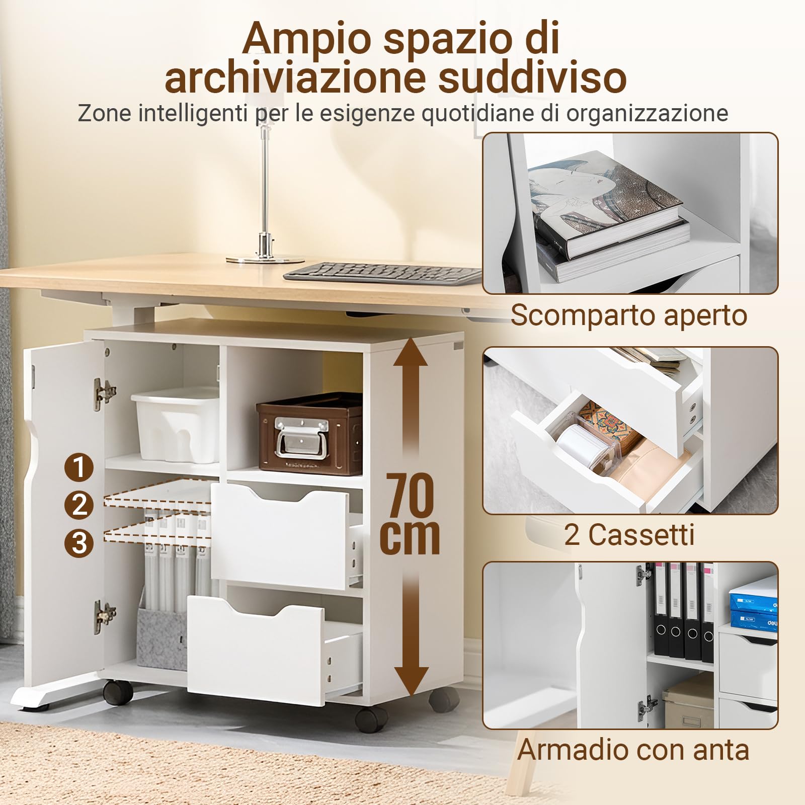 SoBuy Cassettiera da Scrivania Ufficio su Ruote Cassettiera Ufficio con 2 Cassetti, 1 Anta e 1 Ripiano Aperto Carrello Tavolino Comodino Piccolo Comodino Bianco L60xP35xA70cm FBT105-W