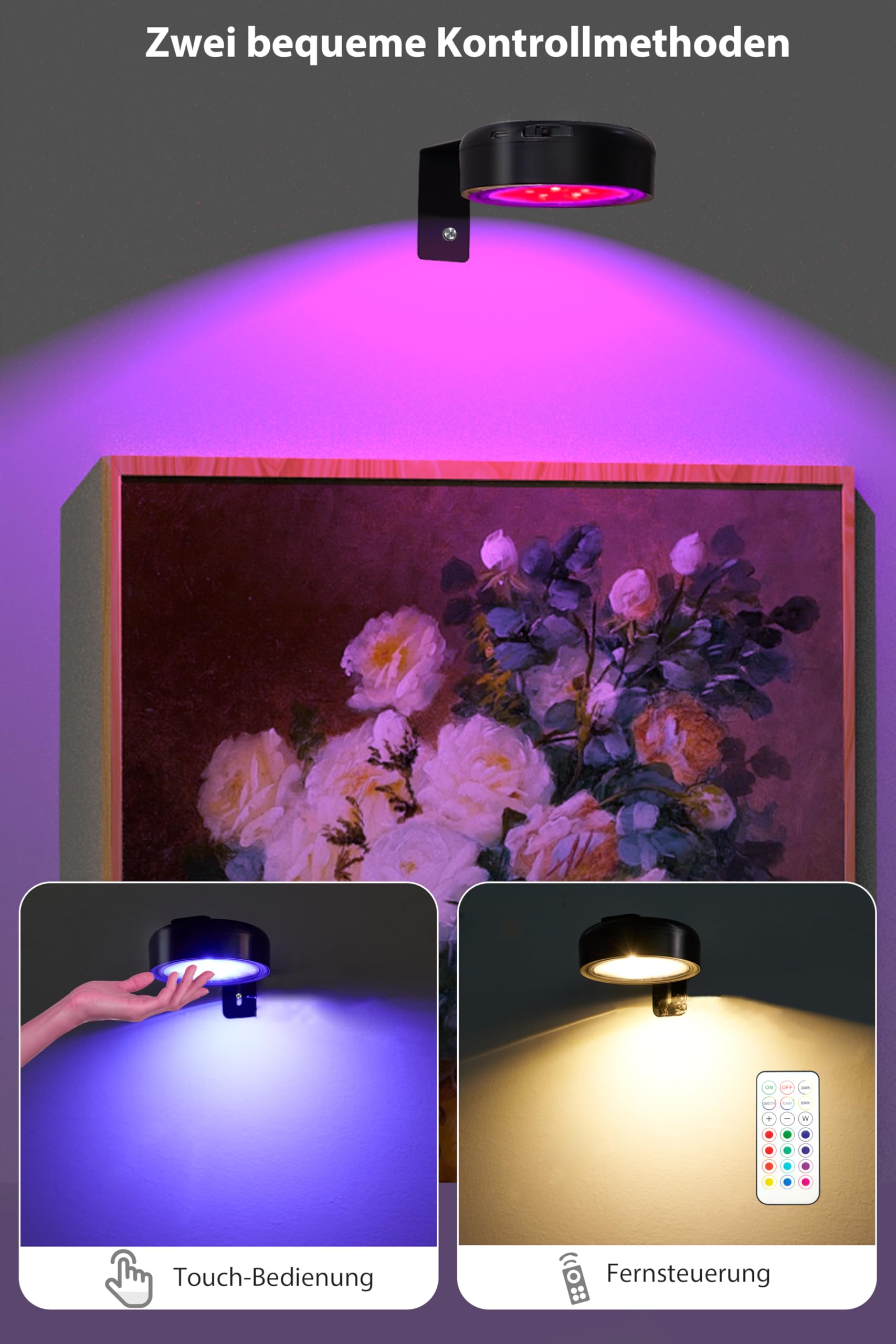 Bilderleuchte Kabellos 4er Set - 18 Stunden Akkulaufzeit, RGB und Warmweiß Licht, Timer-Funktion, Mit Fernbedienung, USB-C Wiederaufladbar, Integrierter Akku, Wohnaccessoires (Schwarz)