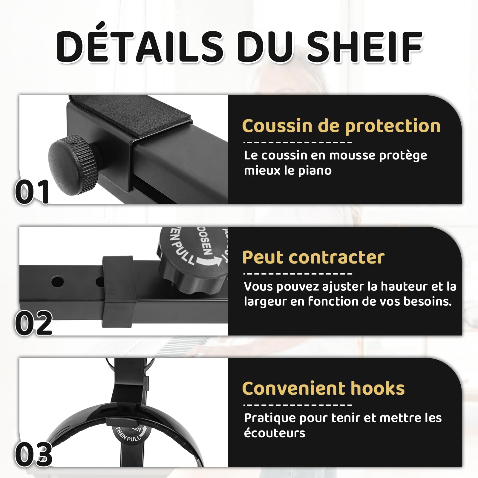 Support de Clavier Piano Réglable en Hauteur 55 à 87 CM, Support de Piano en Z avec 4 Roulettes Pivotantes, Convient aux Pianos de 54 à 88 Touches, Capacité de Charge 160 KG (Noir)