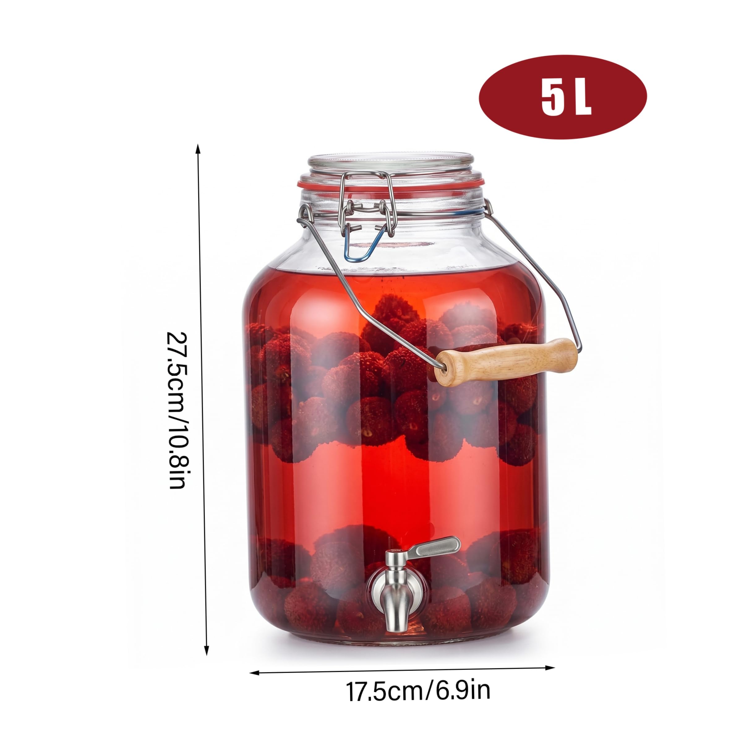 Dispensador de bebidas de vidrio, jarra de agua de 5 litros con espiga y mango de bambú, dispensador de bebidas para fiestas, transparente