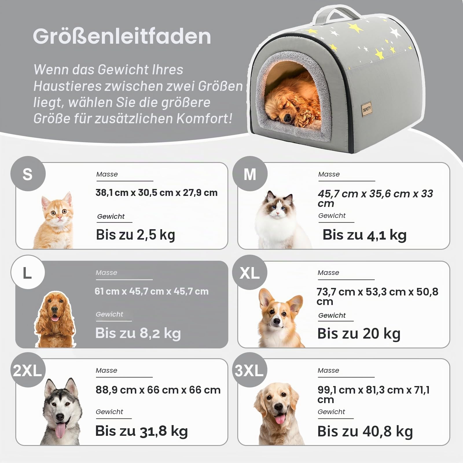 Jiupety Hundehütte Indoor, 2-in-1 Hundehaus für Drinnen, Größe L Hundehöhle Mittelgroße Hunde, Warme Höhle Schlafnest, Grau